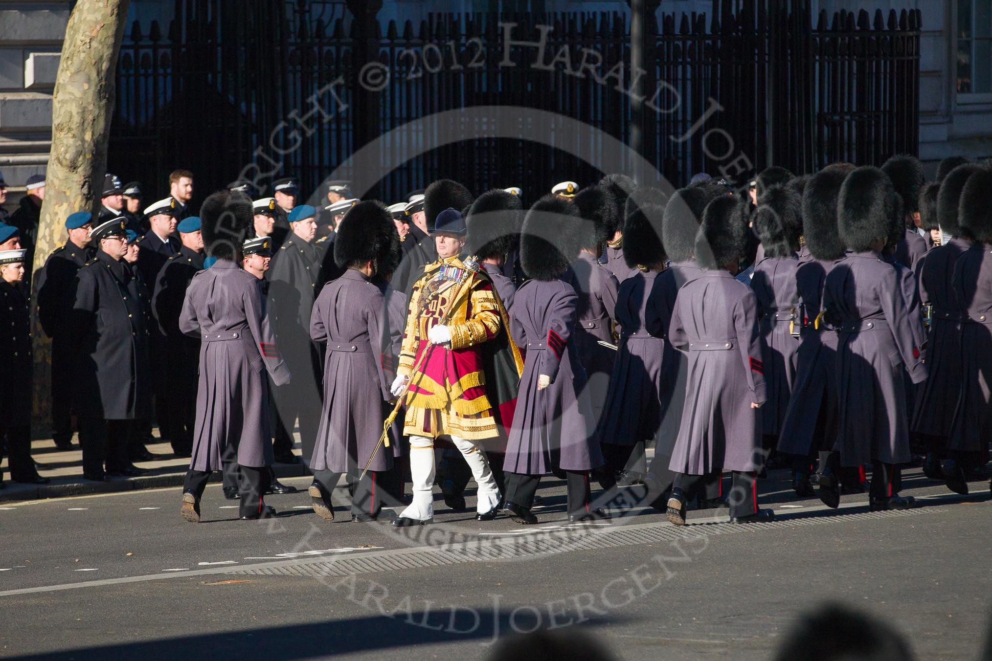 Remembrance Sunday 2012 Cenotaph March Past: The Massed Bands are changing direction, led by Drum Major Tony Taylor, No. 7 Company Coldstream Guards..
Whitehall, Cenotaph,
London SW1,

United Kingdom,
on 11 November 2012 at 11:31, image #28