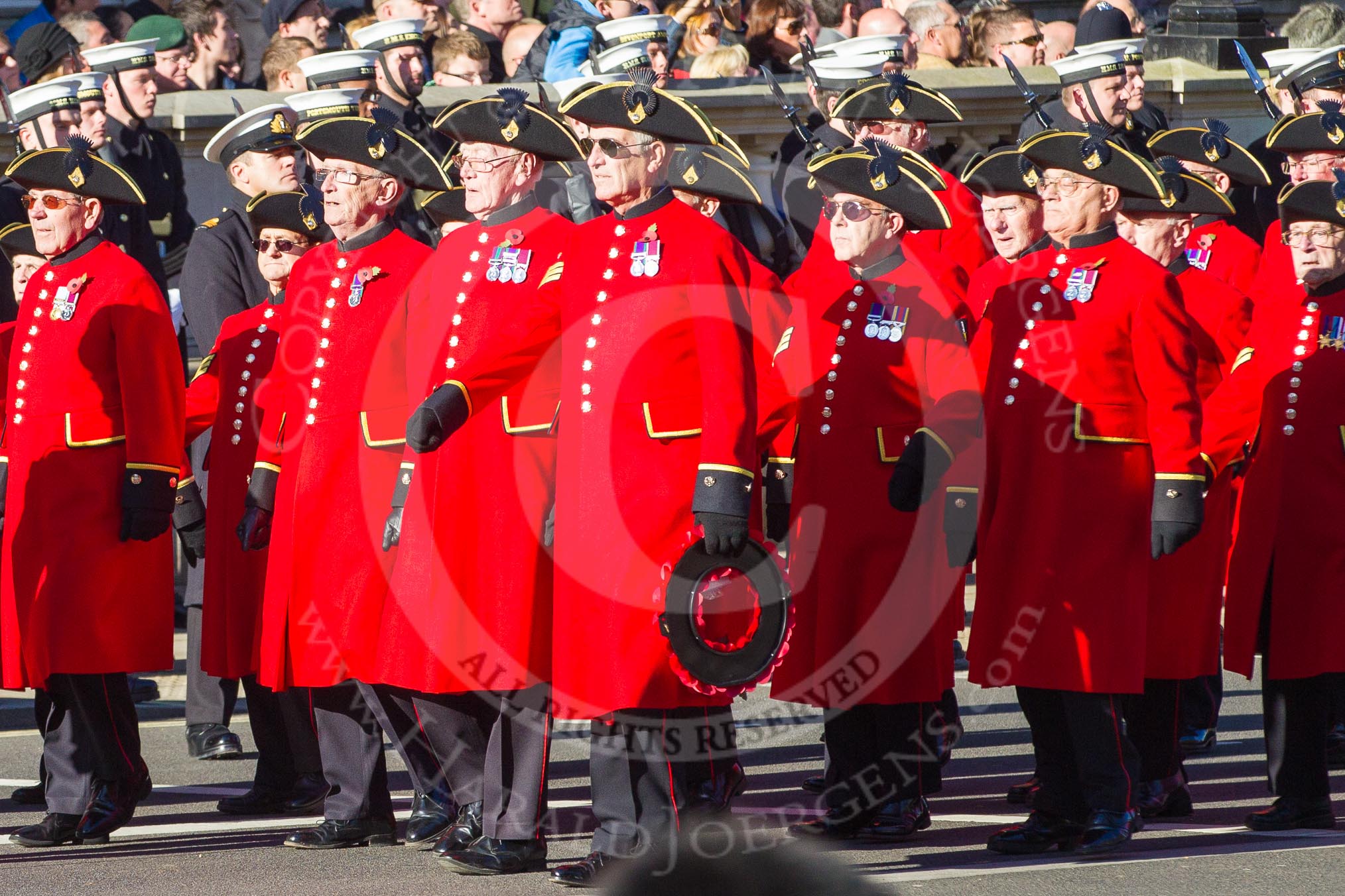 Remembrance Sunday 2012 Cenotaph March Past: Group E43 - Royal Hospital, Chelsea (Chelsea Pensioners)..
Whitehall, Cenotaph,
London SW1,

United Kingdom,
on 11 November 2012 at 11:43, image #333