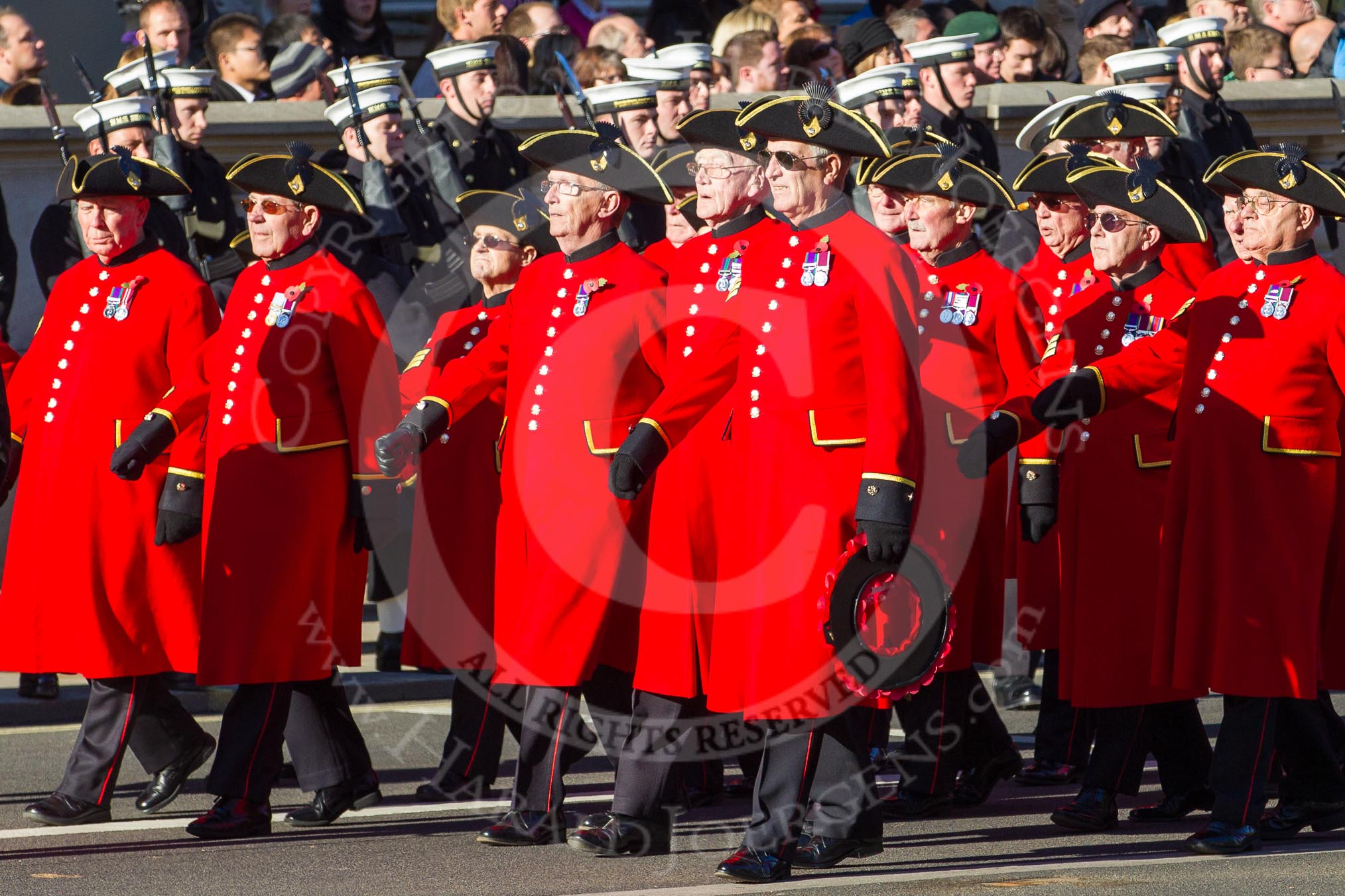 Remembrance Sunday 2012 Cenotaph March Past: Group E43 - Royal Hospital, Chelsea (Chelsea Pensioners)..
Whitehall, Cenotaph,
London SW1,

United Kingdom,
on 11 November 2012 at 11:43, image #336