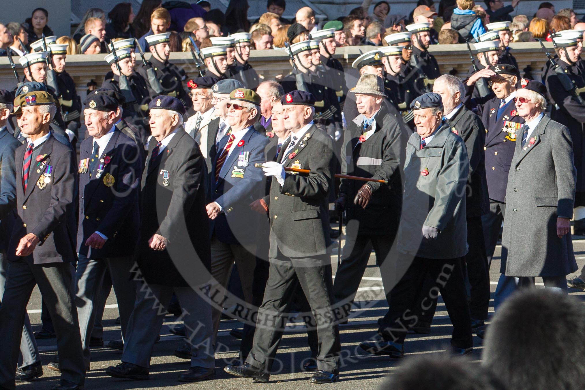 Remembrance Sunday 2012 Cenotaph March Past: Group F10 - National Service Veterans Alliance and F11 - Italy Star Association..
Whitehall, Cenotaph,
London SW1,

United Kingdom,
on 11 November 2012 at 11:46, image #457