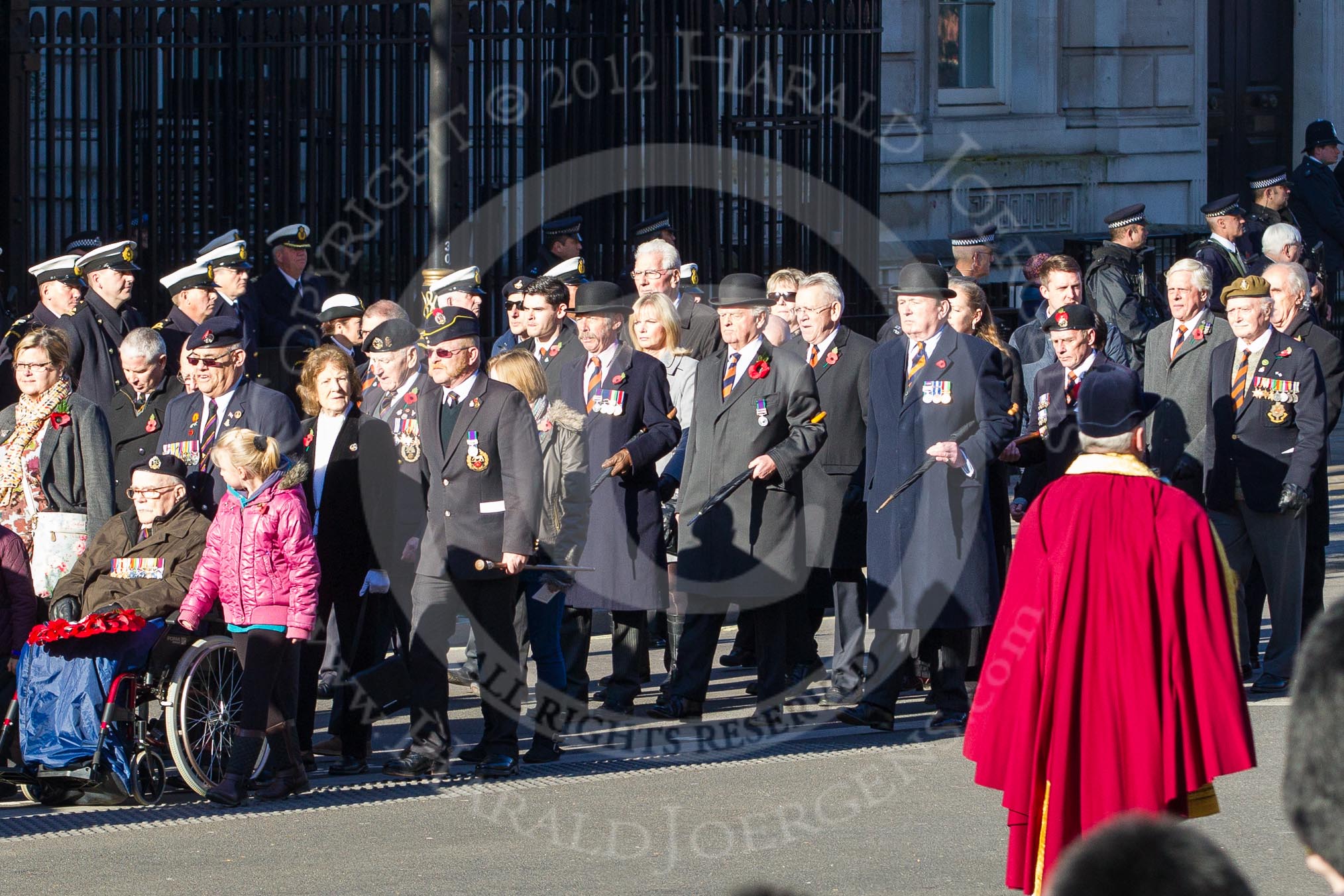 Remembrance Sunday 2012 Cenotaph March Past: Group A1/2/3 - Princess of Wales's Royal Regiment/Prince of Wales's Leinster Regiment (Royal Canadians) Regimental Association/Royal East Kent Regiment (The Buffs) Past & Present Association..
Whitehall, Cenotaph,
London SW1,

United Kingdom,
on 11 November 2012 at 11:48, image #566