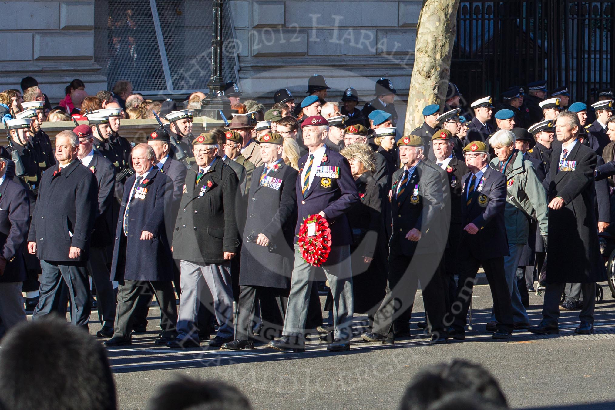 Remembrance Sunday 2012 Cenotaph March Past: Group A7 - Royal Northumberland Fusiliers, A8 - 
The Duke of Lancaster's Regimental Association, and A9 - Green Howards Association..
Whitehall, Cenotaph,
London SW1,

United Kingdom,
on 11 November 2012 at 11:49, image #589