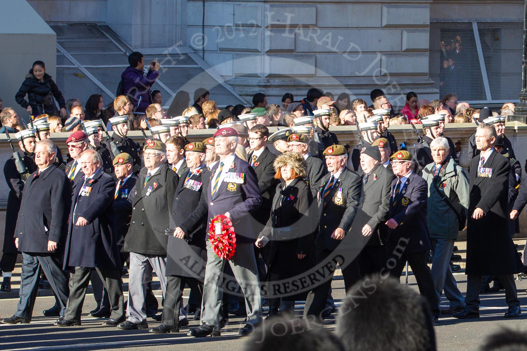 Remembrance Sunday 2012 Cenotaph March Past: Group A7 - Royal Northumberland Fusiliers, A8 - 
The Duke of Lancaster's Regimental Association, and A9 - Green Howards Association..
Whitehall, Cenotaph,
London SW1,

United Kingdom,
on 11 November 2012 at 11:49, image #592