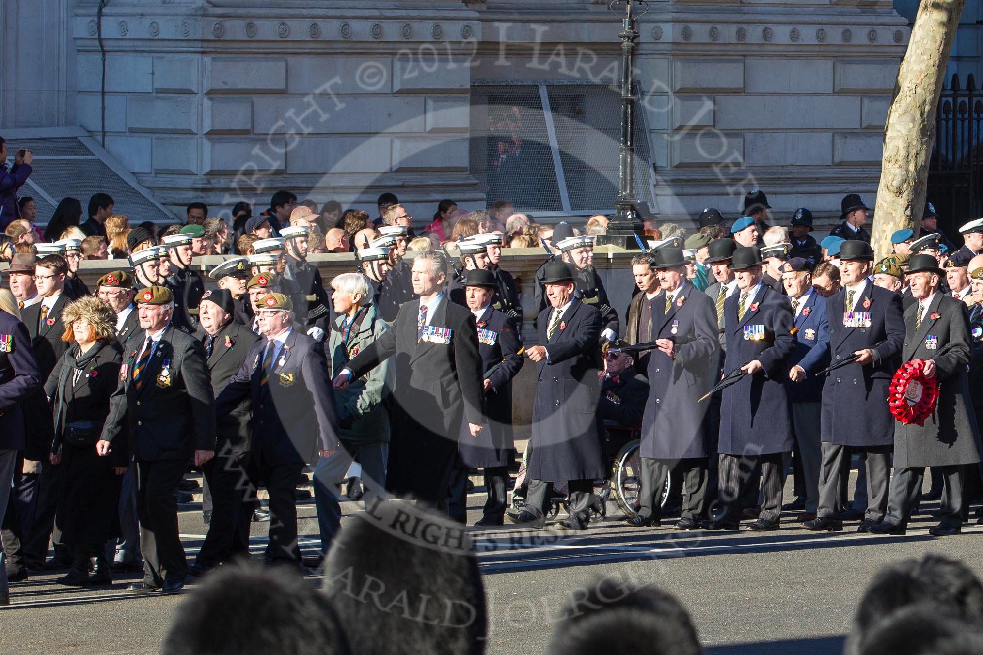 Remembrance Sunday 2012 Cenotaph March Past: Group A7 - Royal Northumberland Fusiliers, A8 - 
The Duke of Lancaster's Regimental Association, and A9 - Green Howards Association..
Whitehall, Cenotaph,
London SW1,

United Kingdom,
on 11 November 2012 at 11:49, image #594