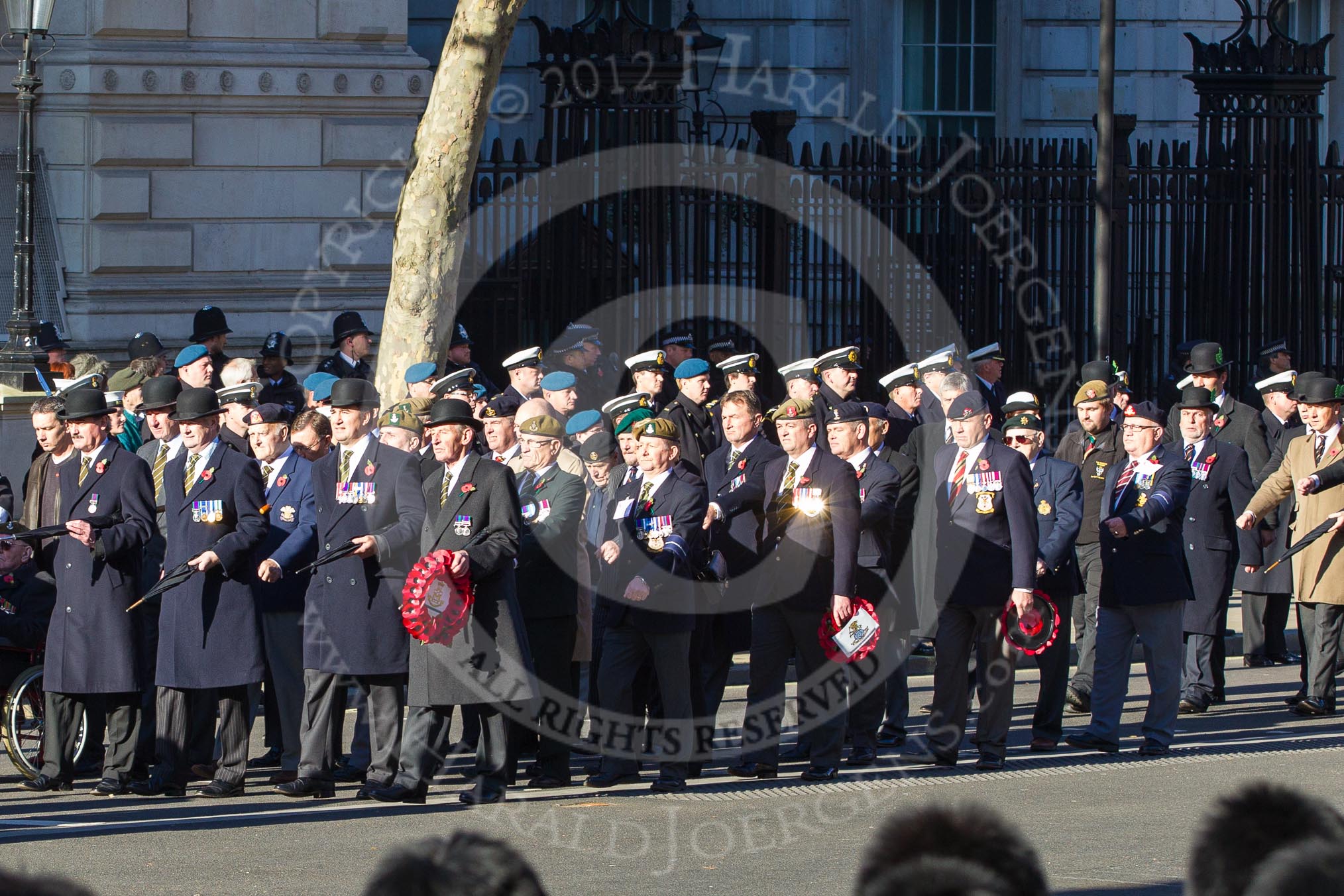 Remembrance Sunday 2012 Cenotaph March Past: Group A7 - Royal Northumberland Fusiliers, A8 - 
The Duke of Lancaster's Regimental Association, and A9 - Green Howards Association..
Whitehall, Cenotaph,
London SW1,

United Kingdom,
on 11 November 2012 at 11:49, image #595