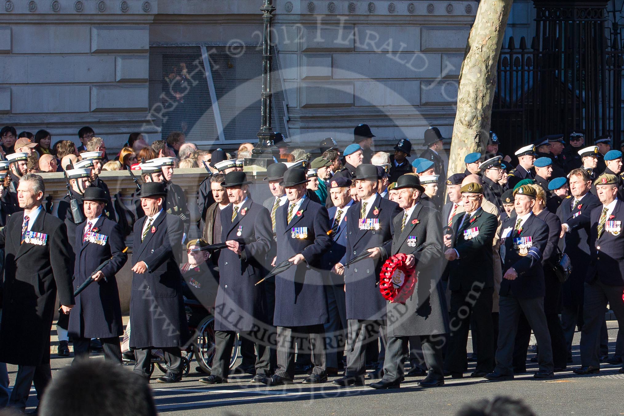 Remembrance Sunday 2012 Cenotaph March Past: Group A7 - Royal Northumberland Fusiliers, A8 - 
The Duke of Lancaster's Regimental Association, and A9 - Green Howards Association..
Whitehall, Cenotaph,
London SW1,

United Kingdom,
on 11 November 2012 at 11:49, image #596