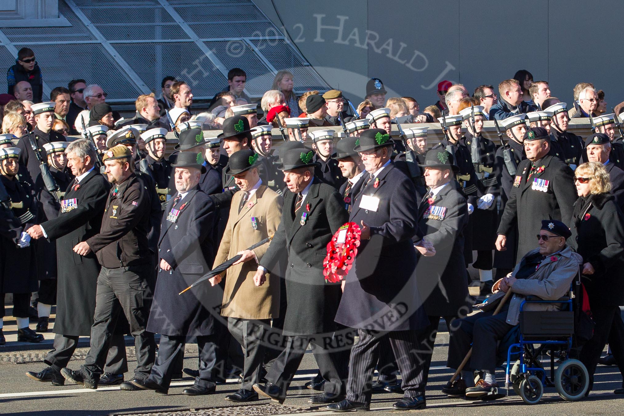 Remembrance Sunday 2012 Cenotaph March Past: Group A11 - Cheshire Regiment Association, and A12 - Sherwood Foresters & Worcestershire Regiment..
Whitehall, Cenotaph,
London SW1,

United Kingdom,
on 11 November 2012 at 11:49, image #613