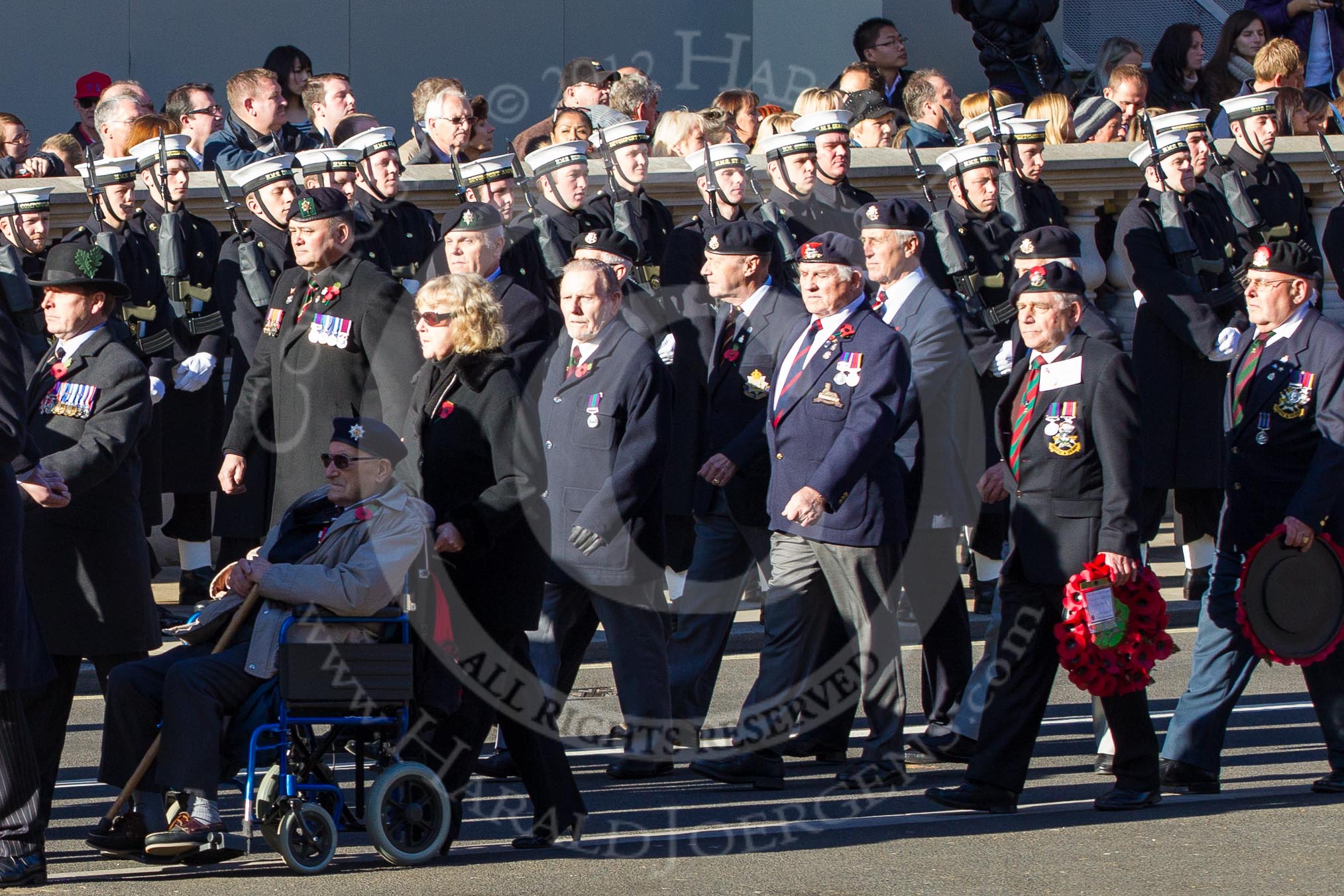 Remembrance Sunday 2012 Cenotaph March Past: Group A11 - Cheshire Regiment Association, and A12 - Sherwood Foresters & Worcestershire Regiment..
Whitehall, Cenotaph,
London SW1,

United Kingdom,
on 11 November 2012 at 11:49, image #614