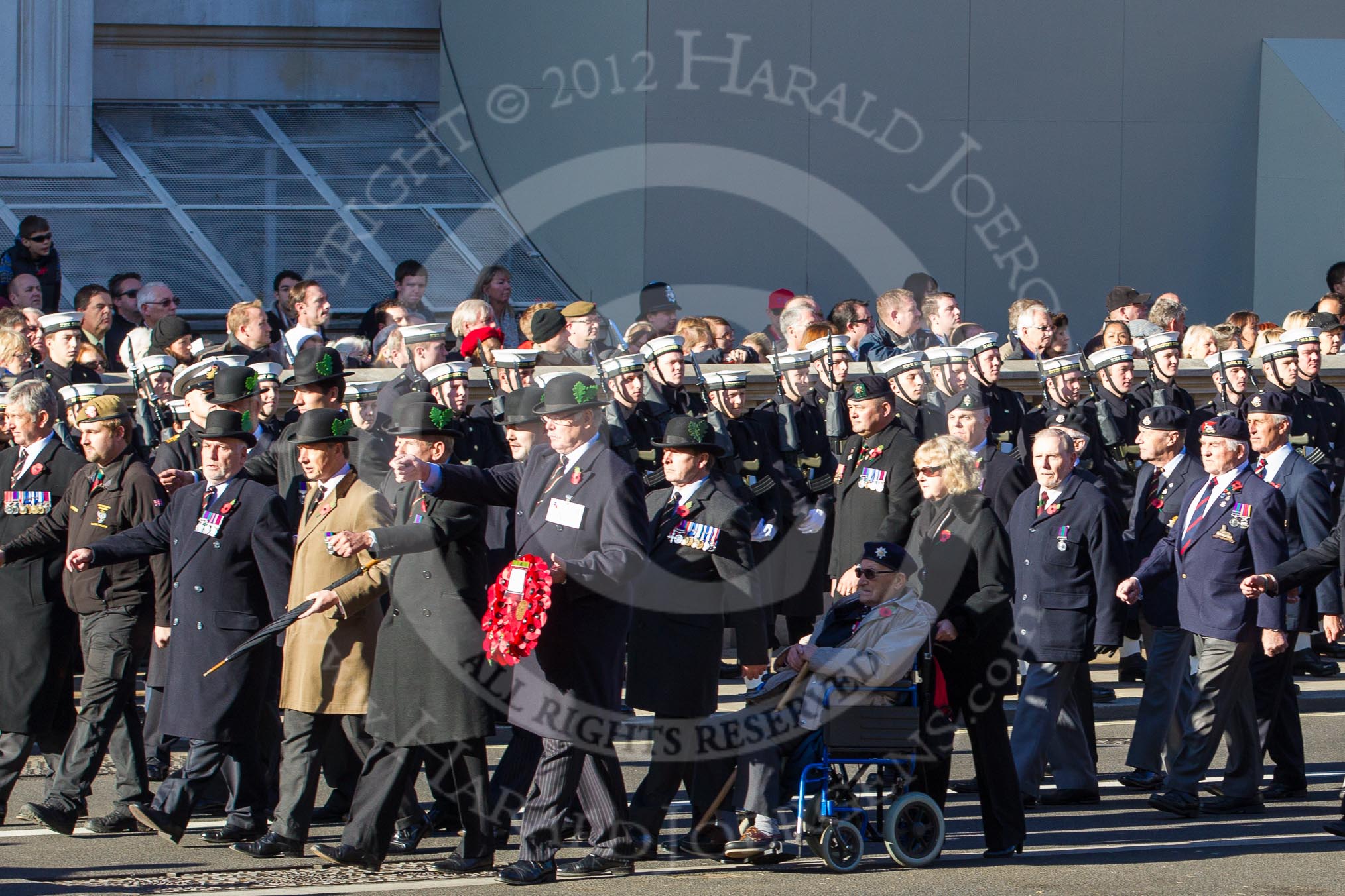 Remembrance Sunday 2012 Cenotaph March Past: Group A11 - Cheshire Regiment Association, and A12 - Sherwood Foresters & Worcestershire Regiment..
Whitehall, Cenotaph,
London SW1,

United Kingdom,
on 11 November 2012 at 11:49, image #615