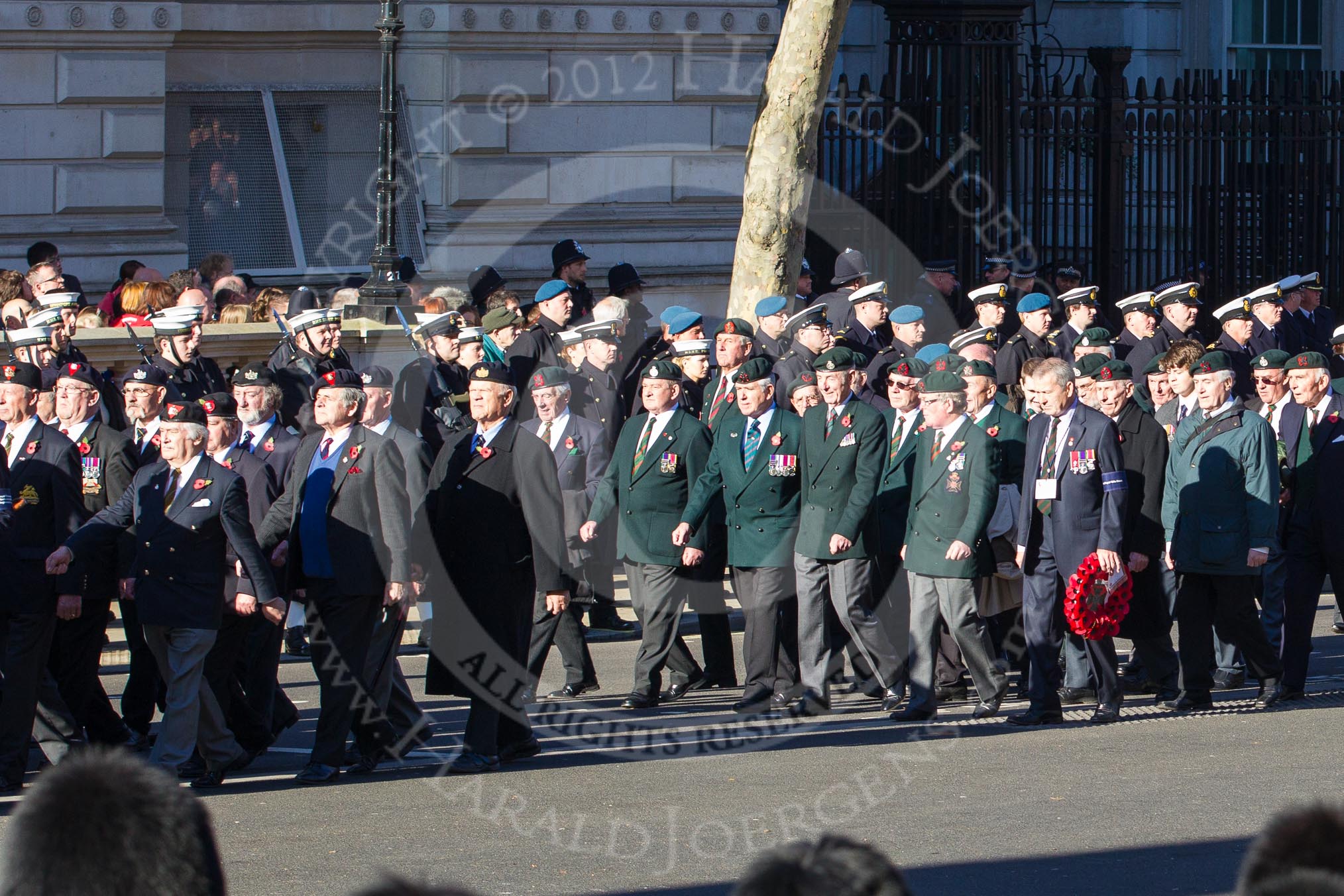 Remembrance Sunday 2012 Cenotaph March Past: Group A13 - Mercian Regiment Association, and A14 - Rifles Regimental Association, A15 - The Rifles & Royal Gloucestershire, Berkshire & Wiltshire Regimental Association..
Whitehall, Cenotaph,
London SW1,

United Kingdom,
on 11 November 2012 at 11:50, image #643