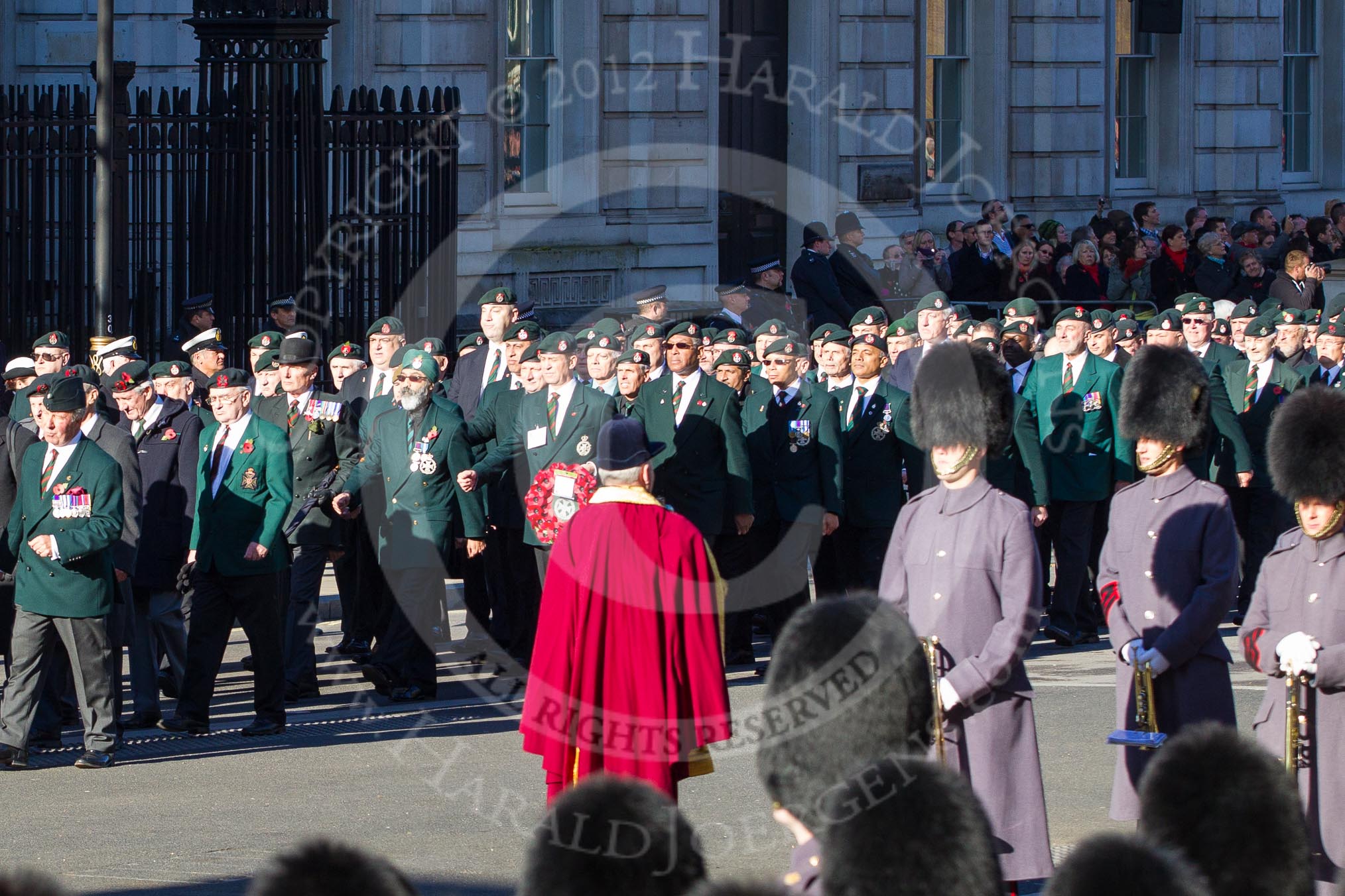 Remembrance Sunday 2012 Cenotaph March Past: Group A13 - Mercian Regiment Association, and A14 - Rifles Regimental Association, A15 - The Rifles & Royal Gloucestershire, Berkshire & Wiltshire Regimental Association..
Whitehall, Cenotaph,
London SW1,

United Kingdom,
on 11 November 2012 at 11:50, image #646