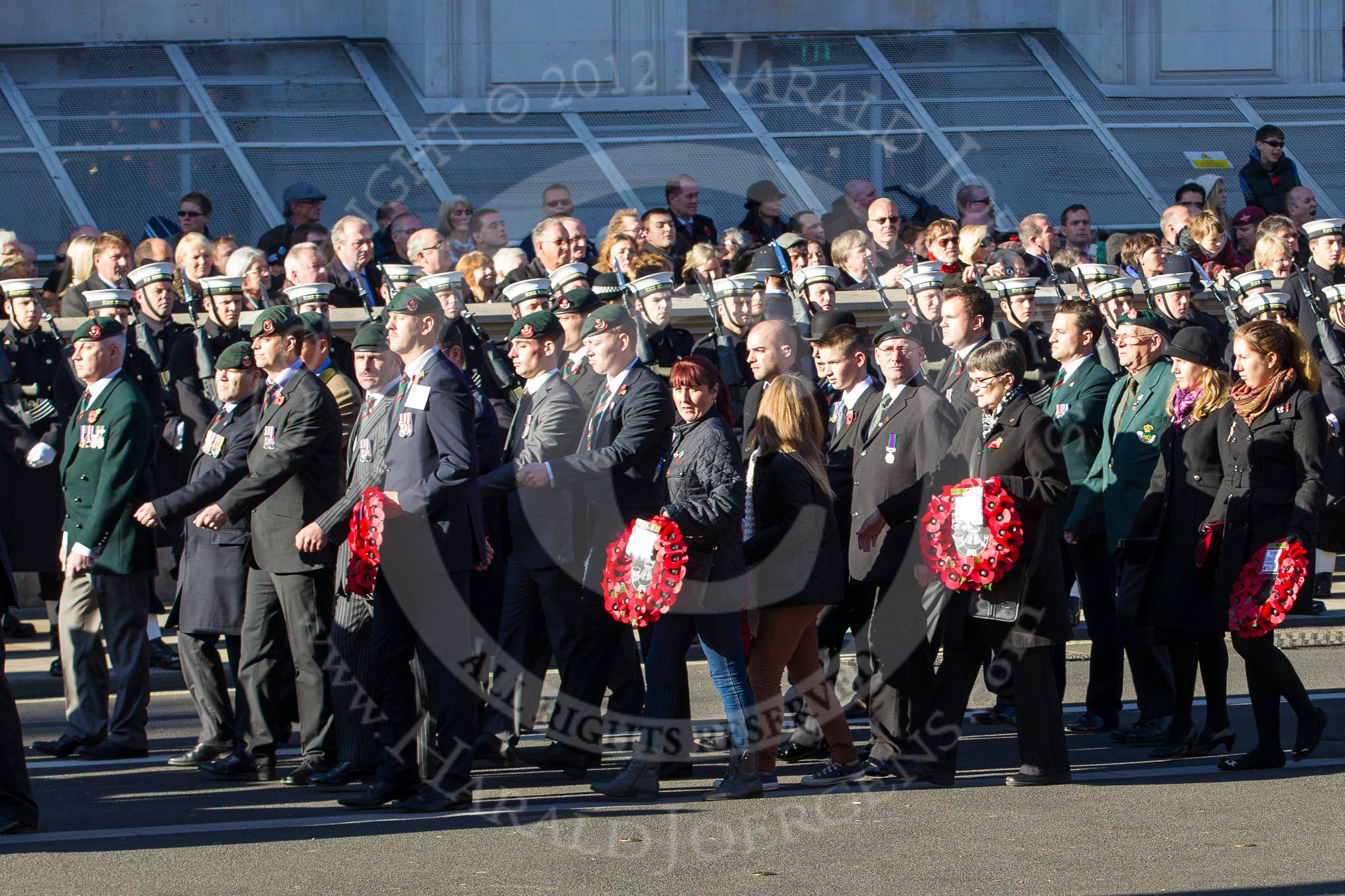 Remembrance Sunday 2012 Cenotaph March Past: Group A13 - Mercian Regiment Association, and A14 - Rifles Regimental Association, A15 - The Rifles & Royal Gloucestershire, Berkshire & Wiltshire Regimental Association..
Whitehall, Cenotaph,
London SW1,

United Kingdom,
on 11 November 2012 at 11:50, image #647