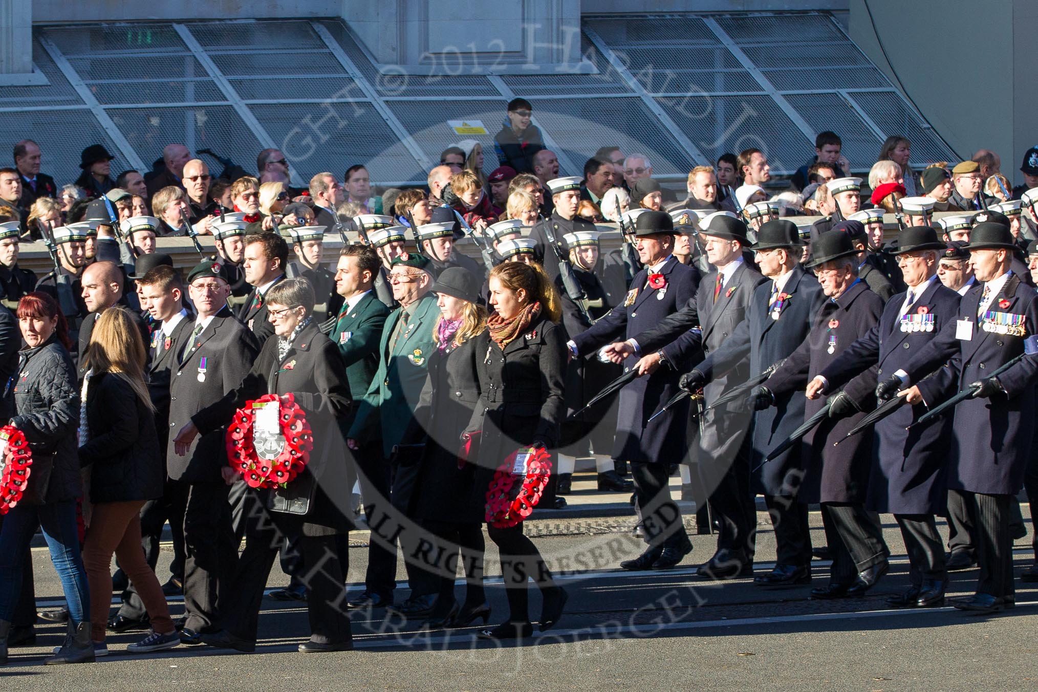 Remembrance Sunday 2012 Cenotaph March Past: Group A13 - Mercian Regiment Association, and A14 - Rifles Regimental Association, A15 - The Rifles & Royal Gloucestershire, Berkshire & Wiltshire Regimental Association..
Whitehall, Cenotaph,
London SW1,

United Kingdom,
on 11 November 2012 at 11:50, image #648