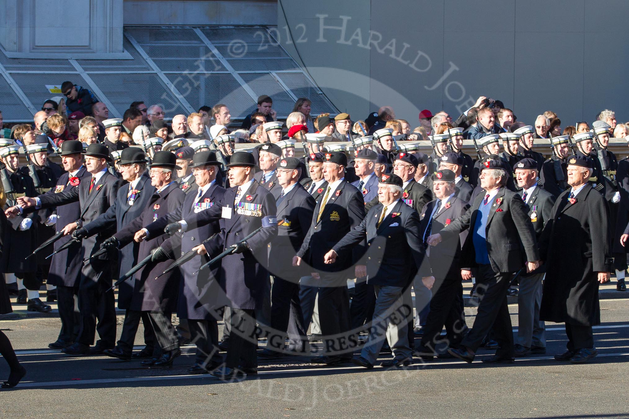 Remembrance Sunday 2012 Cenotaph March Past: Group A13 - Mercian Regiment Association, and A14 - Rifles Regimental Association, A15 - The Rifles & Royal Gloucestershire, Berkshire & Wiltshire Regimental Association..
Whitehall, Cenotaph,
London SW1,

United Kingdom,
on 11 November 2012 at 11:50, image #649