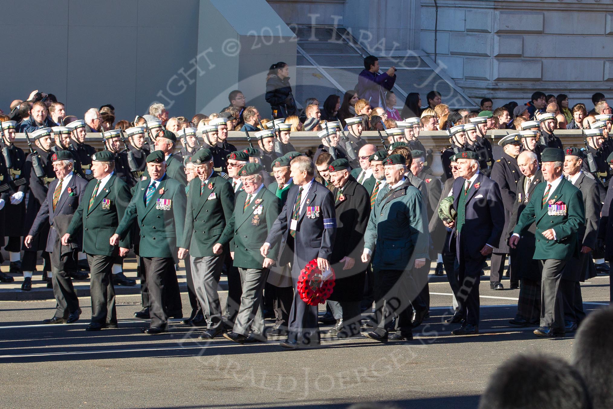 Remembrance Sunday 2012 Cenotaph March Past: Groups A16 - A19: Royal Irish Regiment Association/
Durham Light Infantry Association/King's Royal Rifle Corps Association/Royal Green Jackets Association..
Whitehall, Cenotaph,
London SW1,

United Kingdom,
on 11 November 2012 at 11:50, image #652