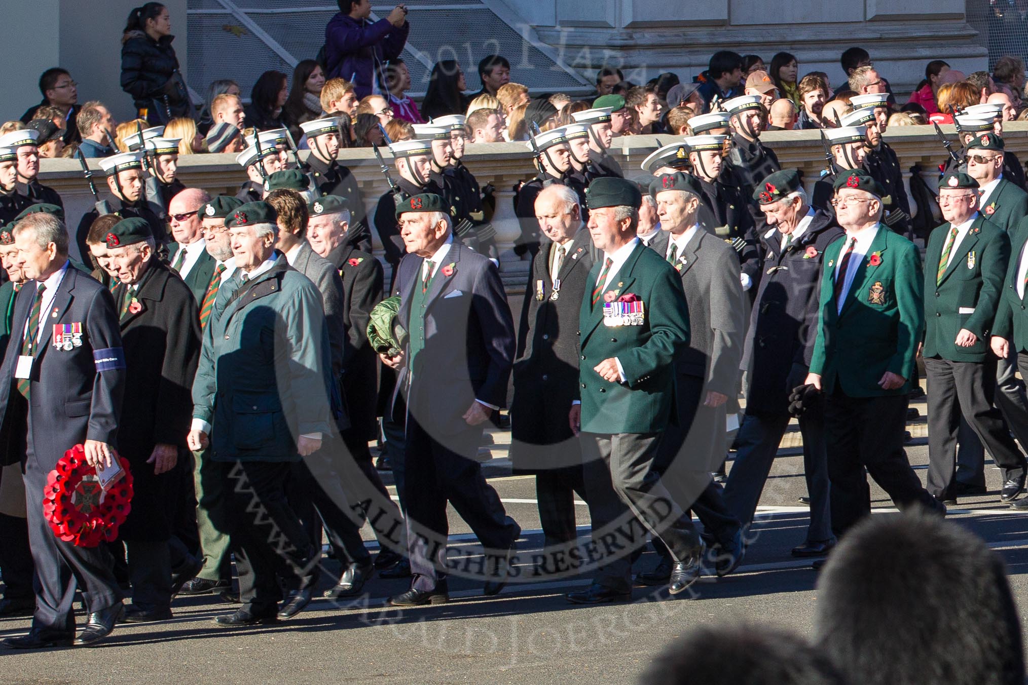 Remembrance Sunday 2012 Cenotaph March Past: Groups A16 - A19: Royal Irish Regiment Association/
Durham Light Infantry Association/King's Royal Rifle Corps Association/Royal Green Jackets Association..
Whitehall, Cenotaph,
London SW1,

United Kingdom,
on 11 November 2012 at 11:50, image #653