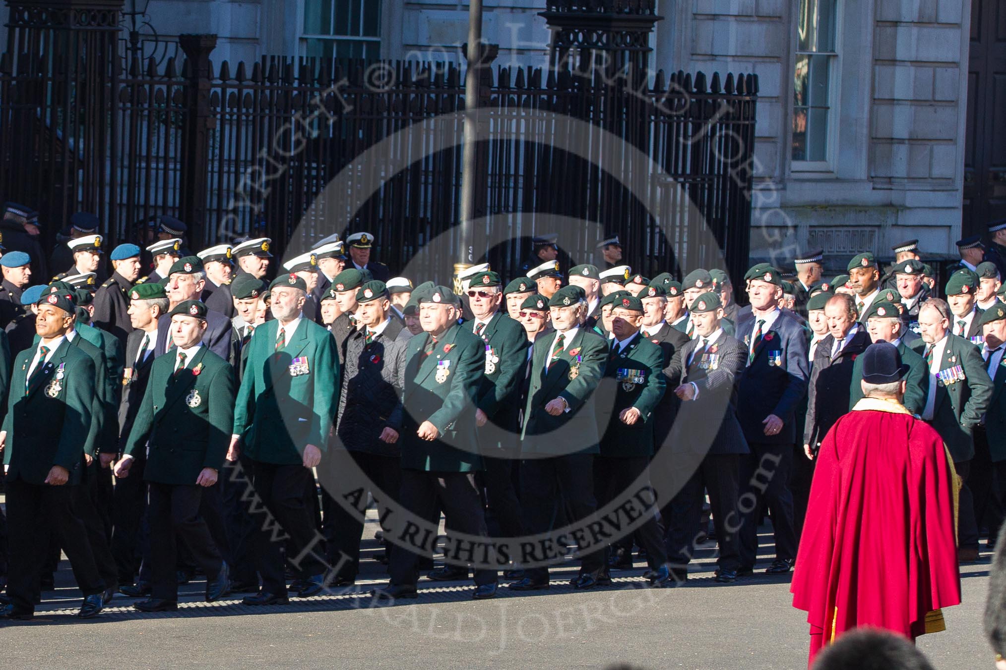 Remembrance Sunday 2012 Cenotaph March Past: Groups A16 - A19: Royal Irish Regiment Association/
Durham Light Infantry Association/King's Royal Rifle Corps Association/Royal Green Jackets Association..
Whitehall, Cenotaph,
London SW1,

United Kingdom,
on 11 November 2012 at 11:50, image #656