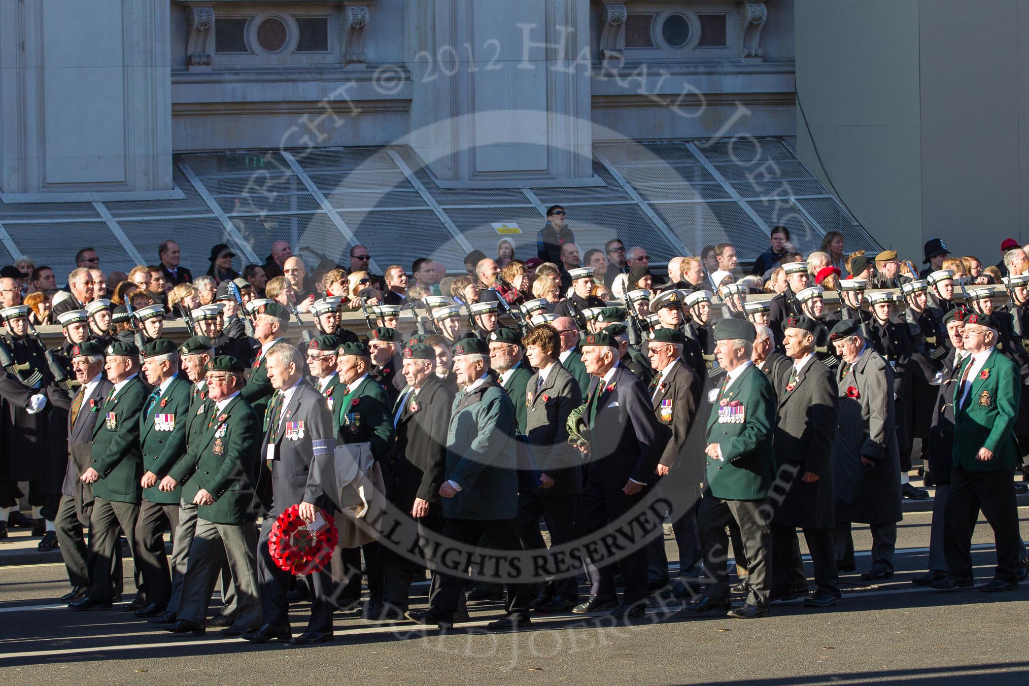 Remembrance Sunday 2012 Cenotaph March Past: Groups A16 - A19: Royal Irish Regiment Association/
Durham Light Infantry Association/King's Royal Rifle Corps Association/Royal Green Jackets Association..
Whitehall, Cenotaph,
London SW1,

United Kingdom,
on 11 November 2012 at 11:50, image #657