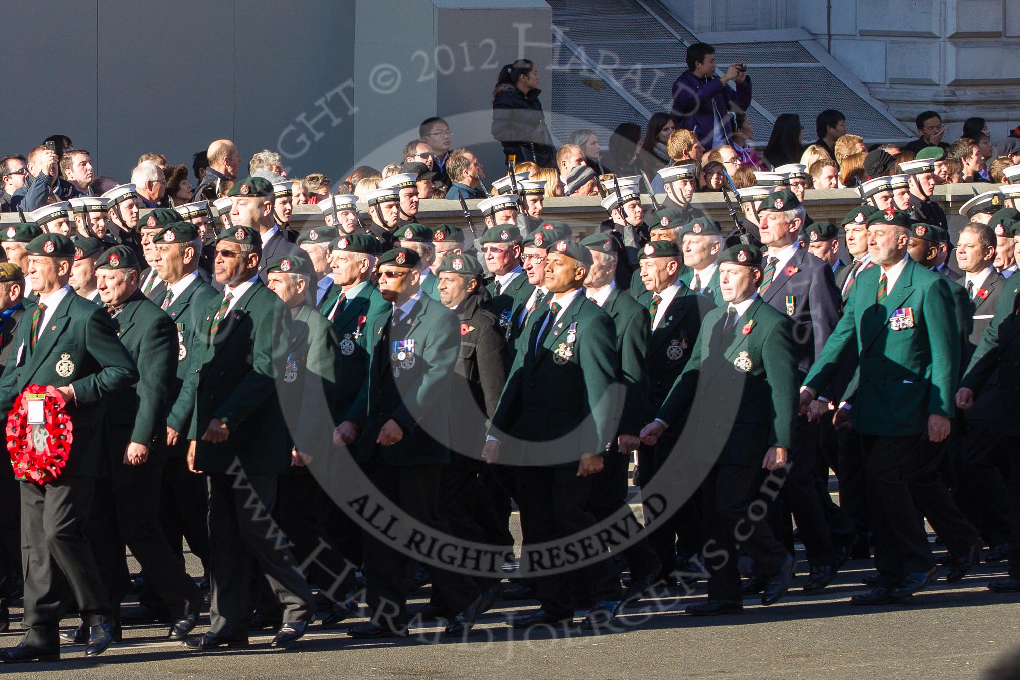 Remembrance Sunday 2012 Cenotaph March Past: Groups A16 - A19: Royal Irish Regiment Association/
Durham Light Infantry Association/King's Royal Rifle Corps Association/Royal Green Jackets Association..
Whitehall, Cenotaph,
London SW1,

United Kingdom,
on 11 November 2012 at 11:50, image #659