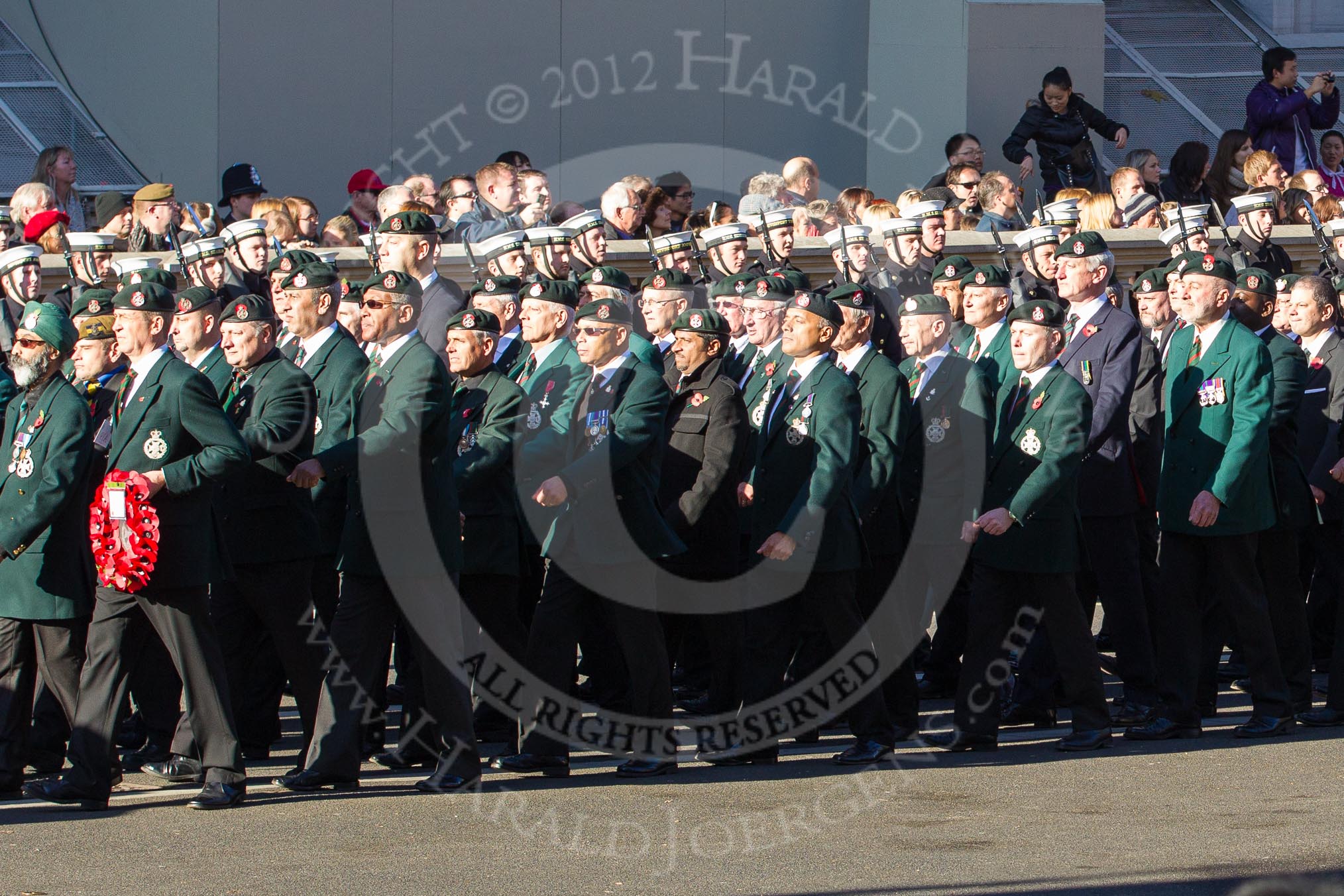 Remembrance Sunday 2012 Cenotaph March Past: Groups A16 - A19: Royal Irish Regiment Association/
Durham Light Infantry Association/King's Royal Rifle Corps Association/Royal Green Jackets Association..
Whitehall, Cenotaph,
London SW1,

United Kingdom,
on 11 November 2012 at 11:50, image #660