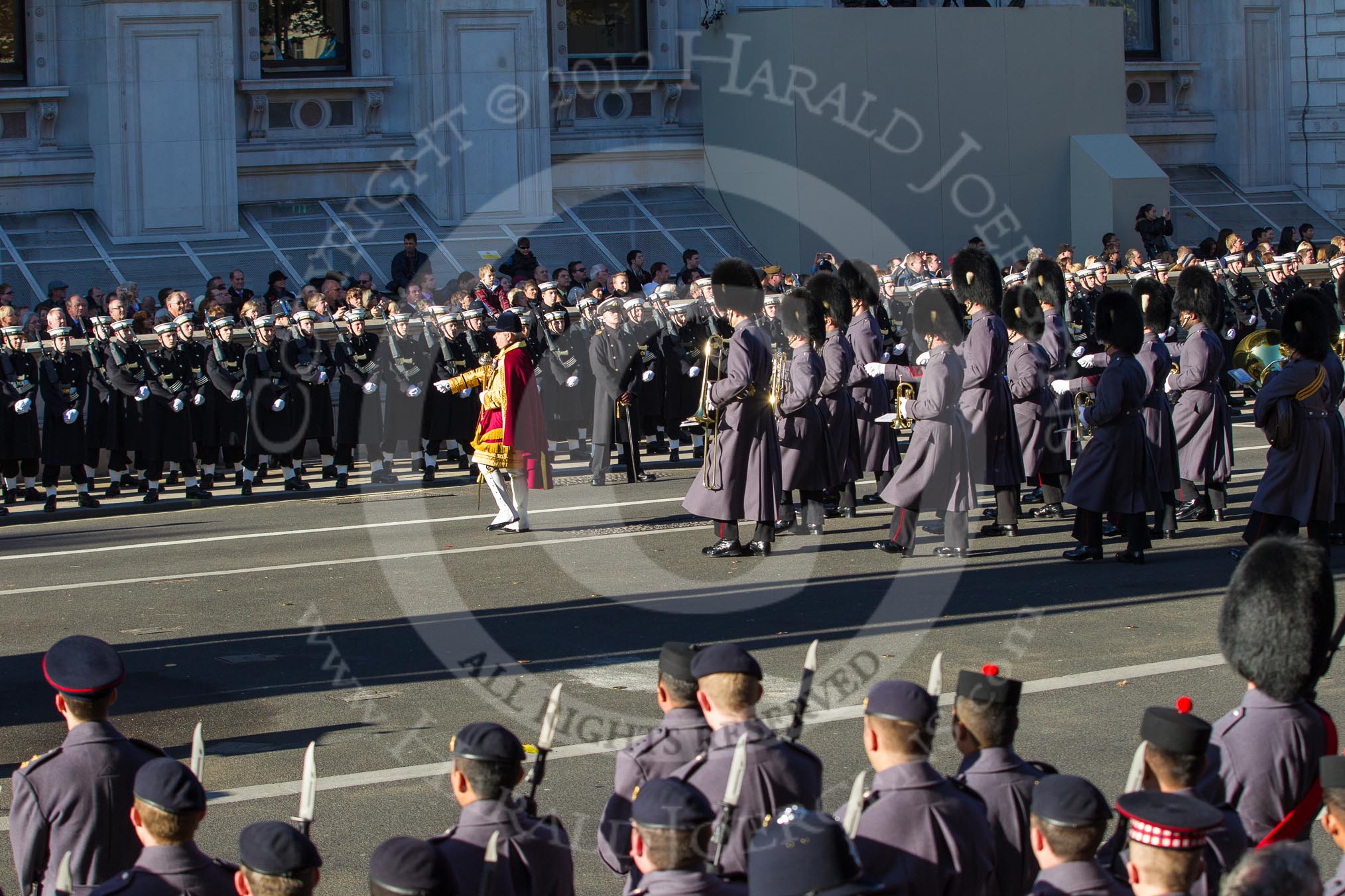 Remembrance Sunday 2012 Cenotaph March Past: The band is moving to give way for column B, waiting at the southern side of Whitehall for their March-Past..
Whitehall, Cenotaph,
London SW1,

United Kingdom,
on 11 November 2012 at 11:53, image #766