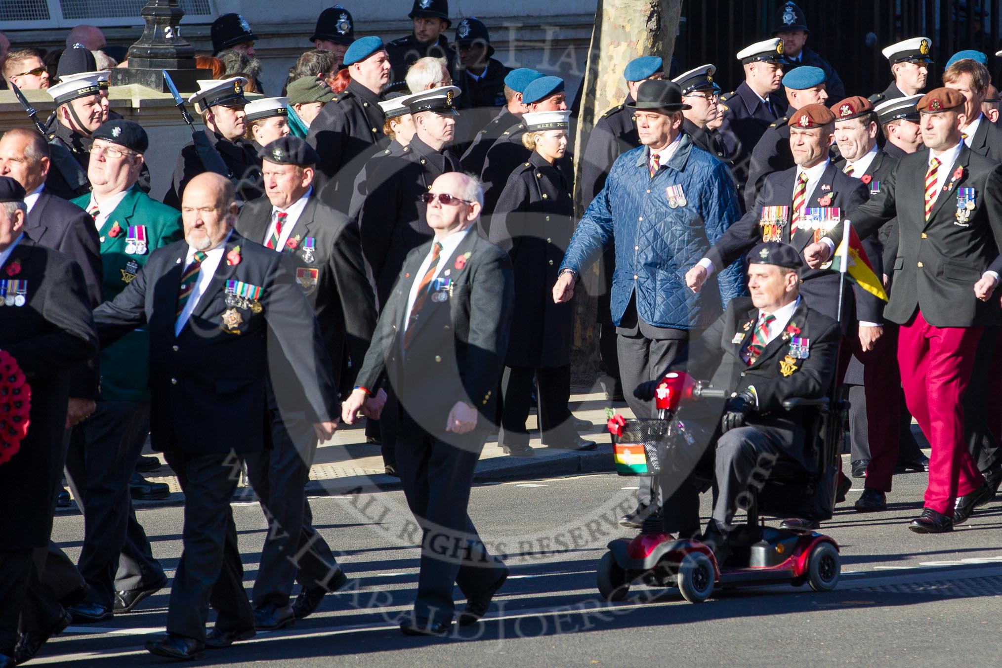 Remembrance Sunday 2012 Cenotaph March Past: Group  B11 - Royal Dragoon Guards and B12 - Kings Royal Hussars Regimental Association..
Whitehall, Cenotaph,
London SW1,

United Kingdom,
on 11 November 2012 at 11:56, image #872