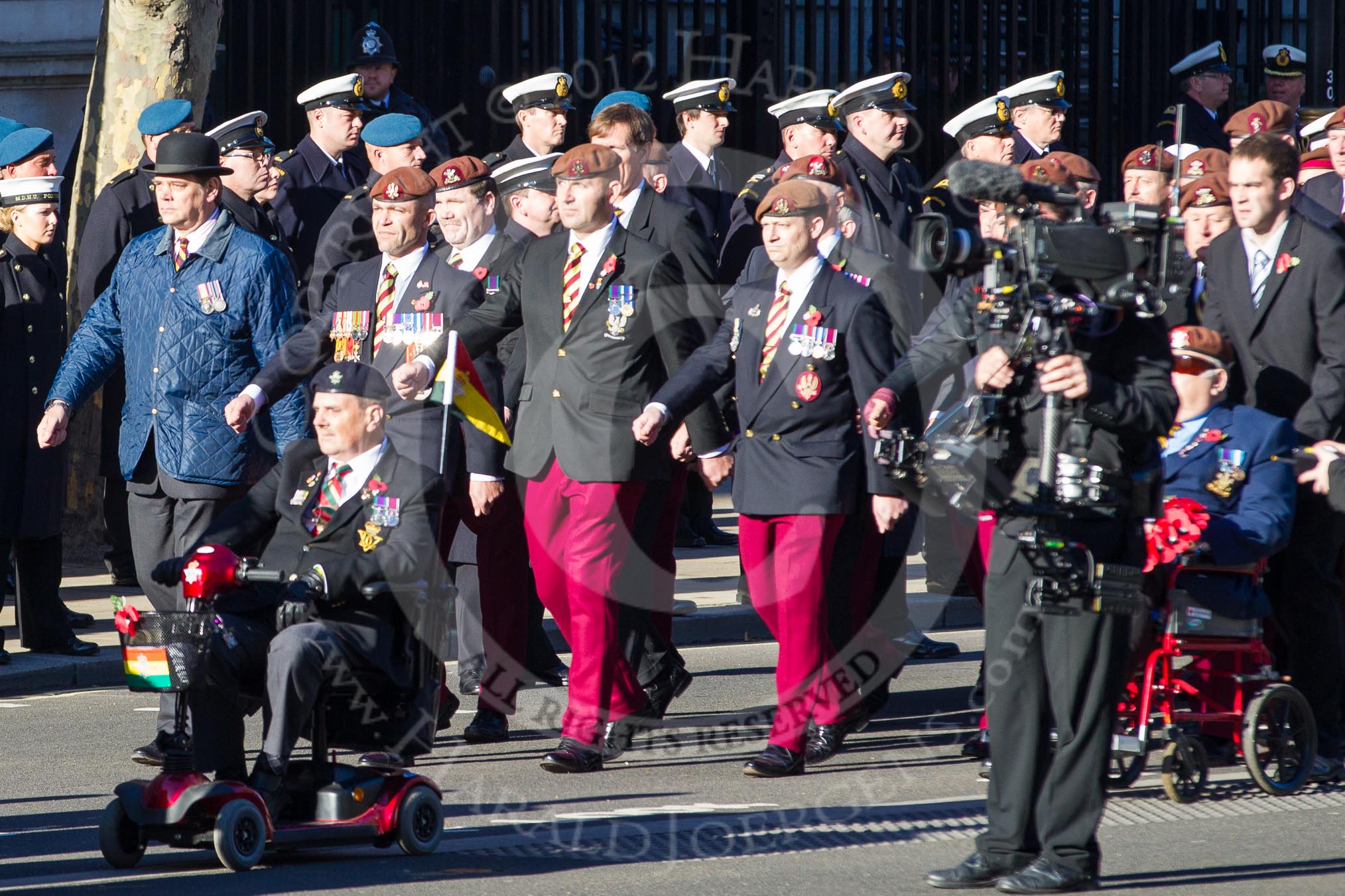 Remembrance Sunday 2012 Cenotaph March Past: Group  B11 - Royal Dragoon Guards and B12 - Kings Royal Hussars Regimental Association..
Whitehall, Cenotaph,
London SW1,

United Kingdom,
on 11 November 2012 at 11:56, image #873