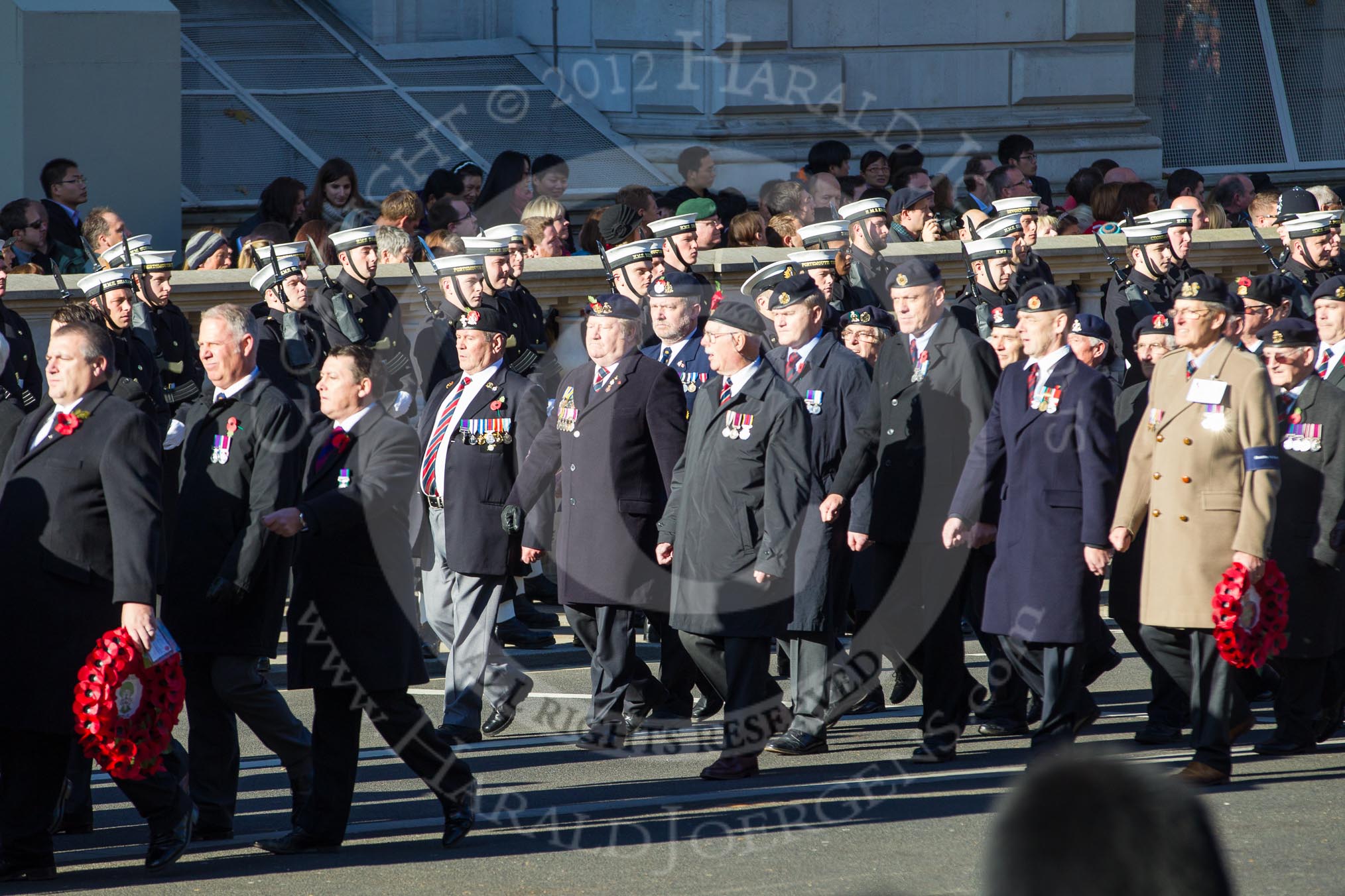 Remembrance Sunday 2012 Cenotaph March Past: Group B18 - Association of Ammunition Technicians and B19 - Beachley Old Boys Association..
Whitehall, Cenotaph,
London SW1,

United Kingdom,
on 11 November 2012 at 11:57, image #928