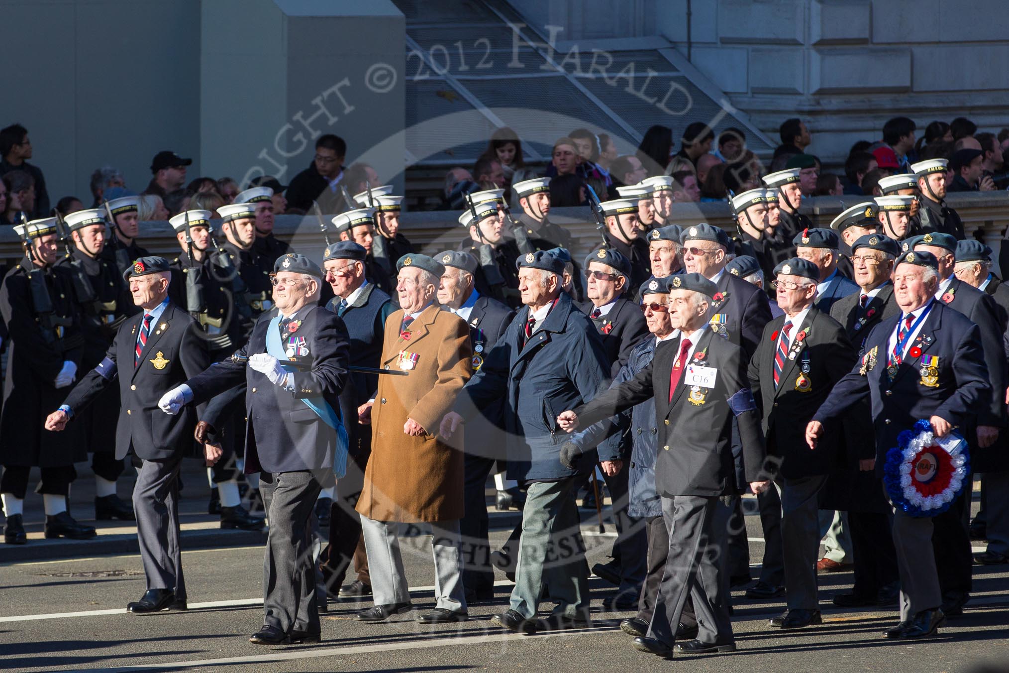 Remembrance Sunday 2012 Cenotaph March Past: Group C16 - National Service (Royal Air Force) Association..
Whitehall, Cenotaph,
London SW1,

United Kingdom,
on 11 November 2012 at 12:03, image #1151