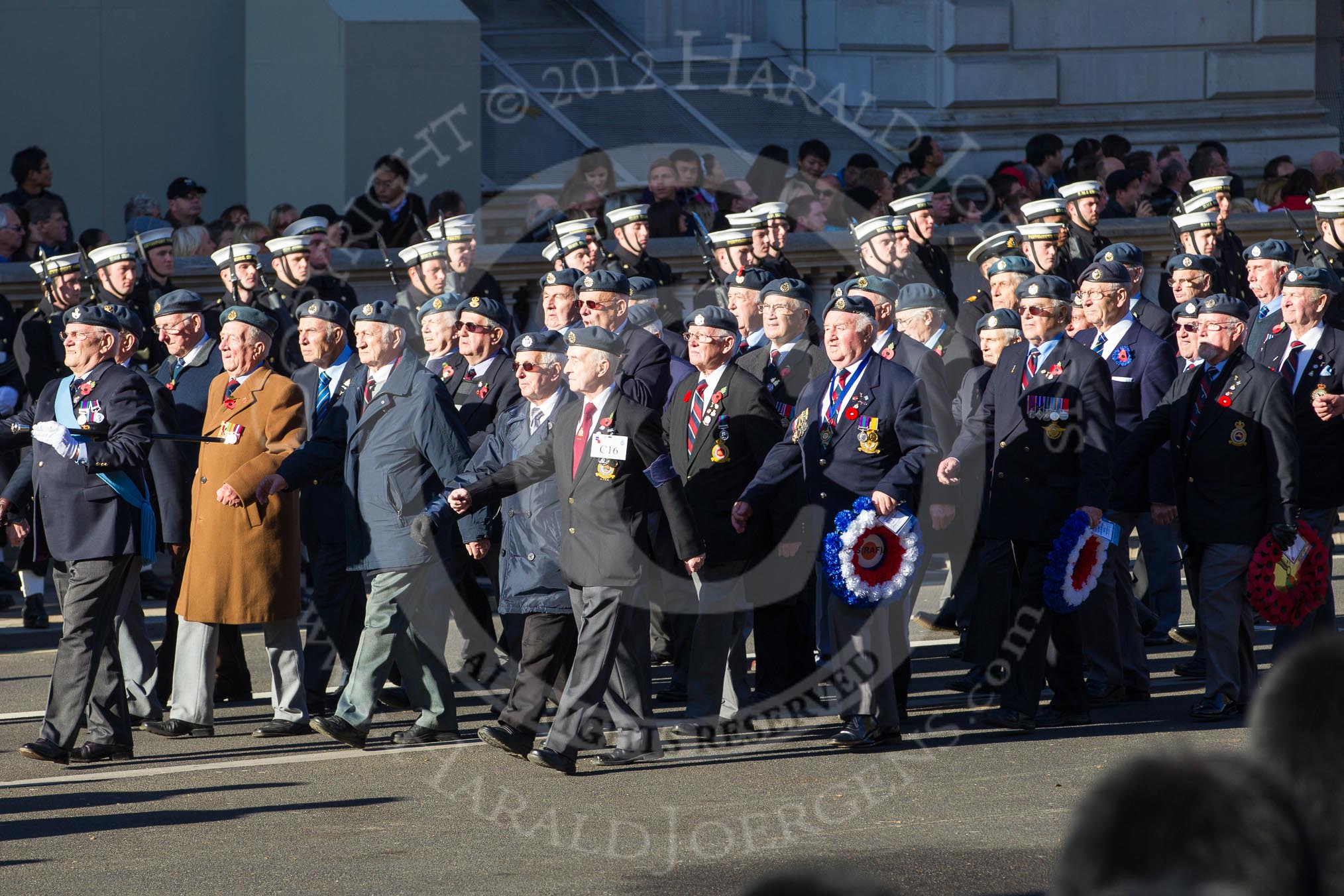 Remembrance Sunday 2012 Cenotaph March Past: Group C16 - National Service (Royal Air Force) Association..
Whitehall, Cenotaph,
London SW1,

United Kingdom,
on 11 November 2012 at 12:03, image #1153