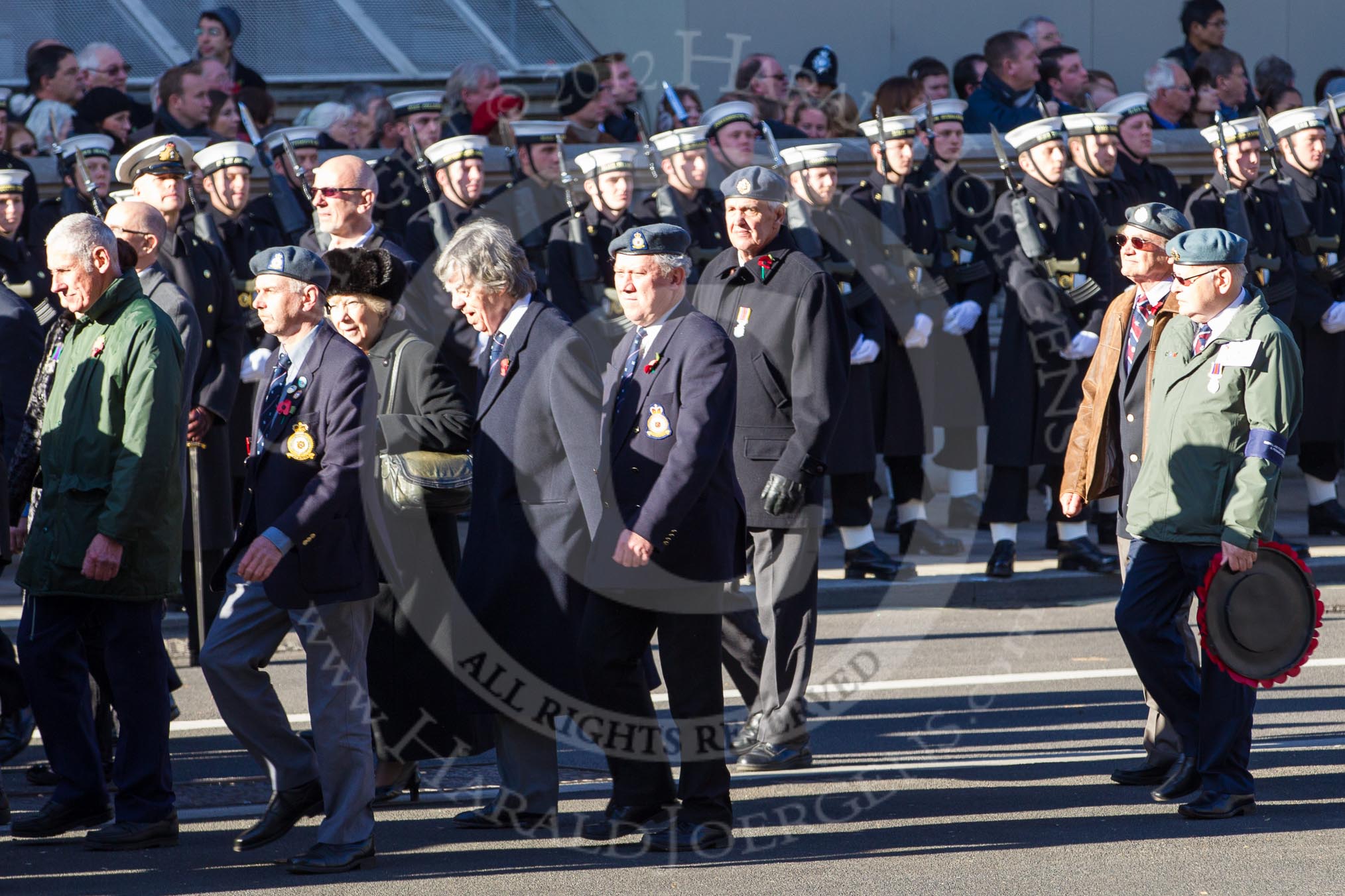 Remembrance Sunday 2012 Cenotaph March Past: Group C23 - Royal Air Force Mountain Rescue Association and C24 - Royal Air Force Butterworth & Penang Association..
Whitehall, Cenotaph,
London SW1,

United Kingdom,
on 11 November 2012 at 12:04, image #1200