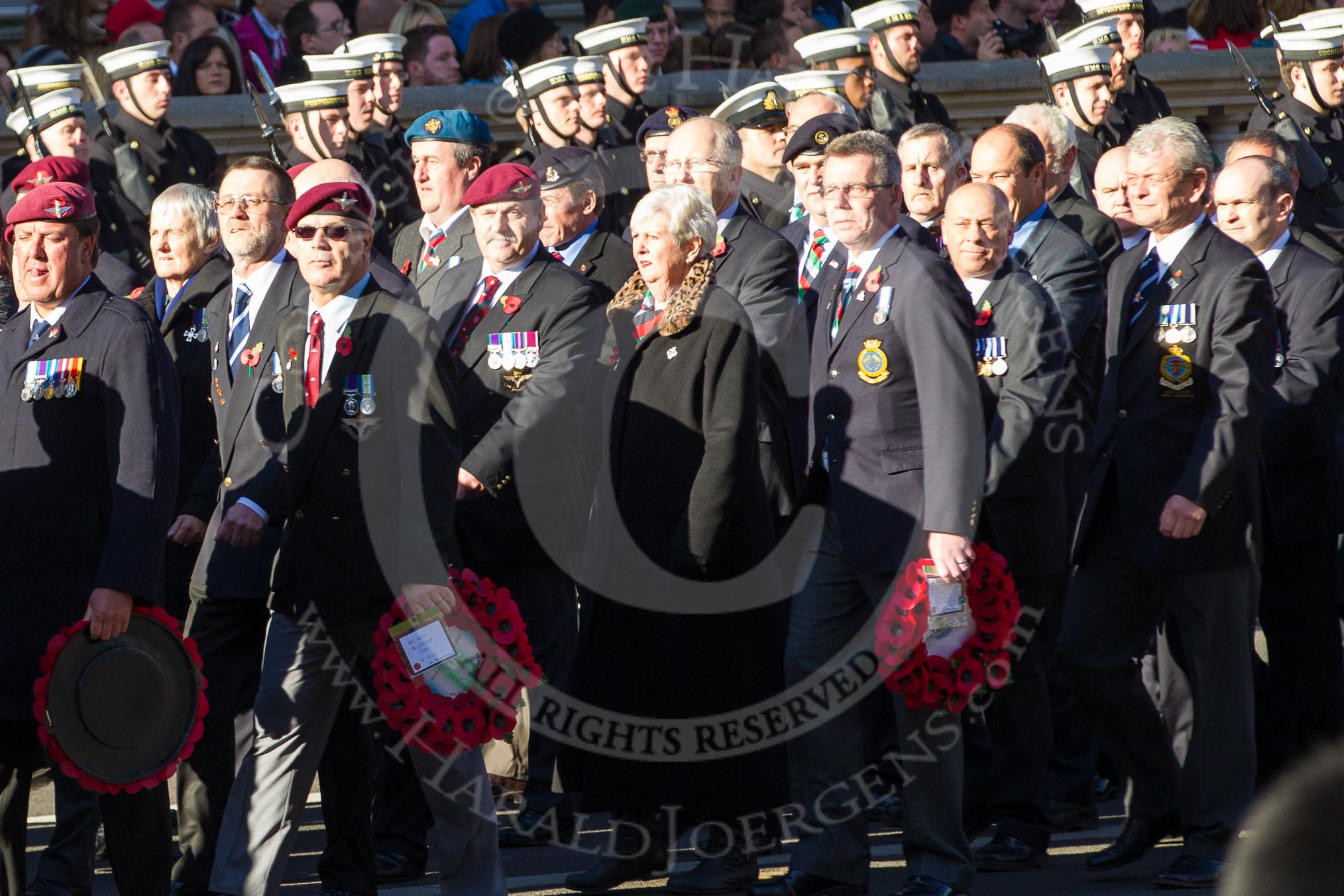 Remembrance Sunday 2012 Cenotaph March Past: Group D1 - South Atlantic Medal Association (www.sama82.org.uk), veterans of the Falklands war in 1982 and islanders from that time..
Whitehall, Cenotaph,
London SW1,

United Kingdom,
on 11 November 2012 at 12:04, image #1224