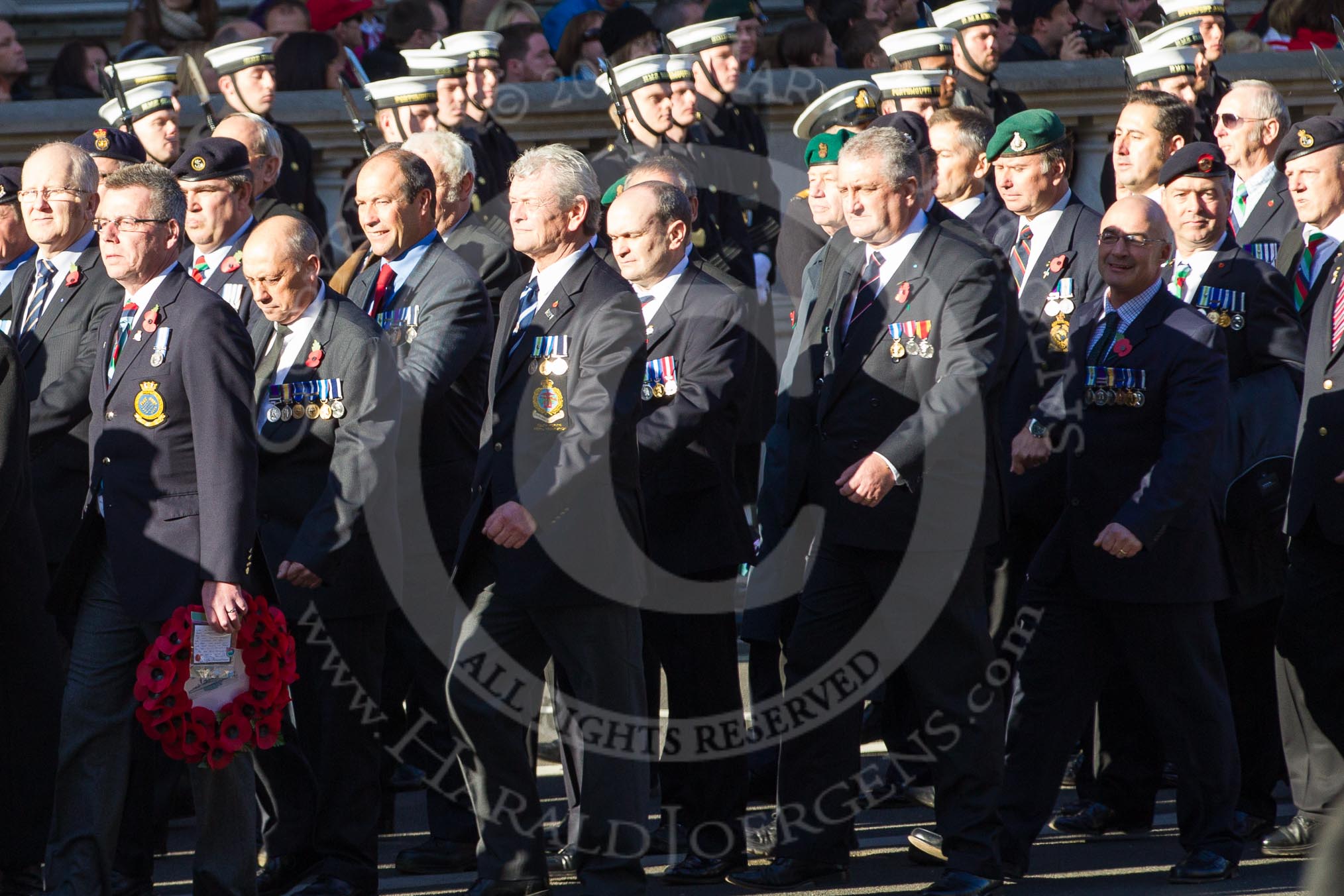 Remembrance Sunday 2012 Cenotaph March Past: Group D1 - South Atlantic Medal Association (www.sama82.org.uk), veterans of the Falklands war in 1982 and islanders from that time..
Whitehall, Cenotaph,
London SW1,

United Kingdom,
on 11 November 2012 at 12:04, image #1226