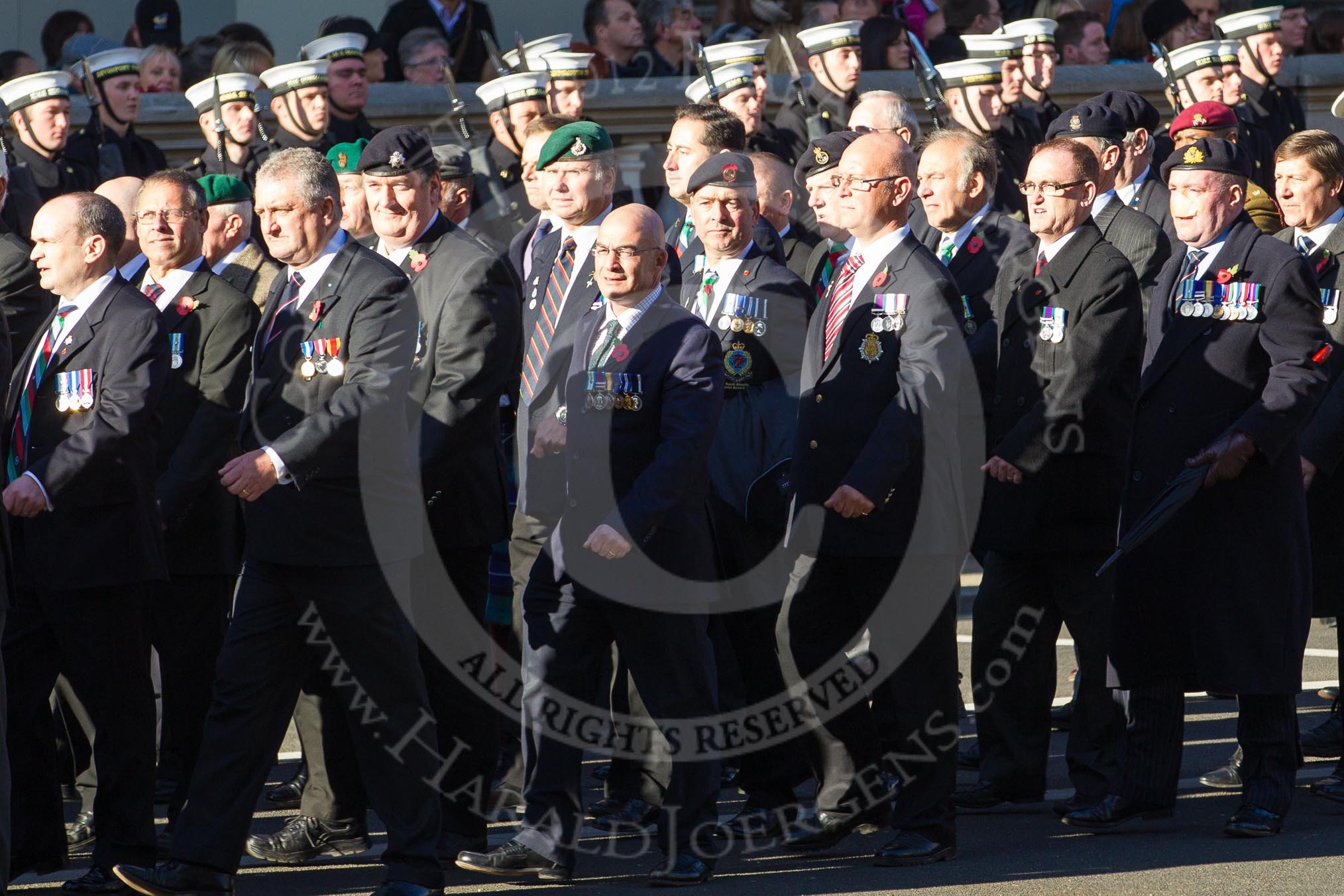 Remembrance Sunday 2012 Cenotaph March Past: Group D1 - South Atlantic Medal Association (www.sama82.org.uk), veterans of the Falklands war in 1982 and islanders from that time..
Whitehall, Cenotaph,
London SW1,

United Kingdom,
on 11 November 2012 at 12:05, image #1228