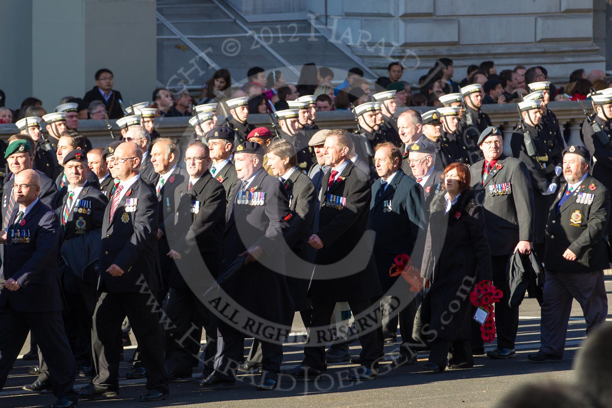 Remembrance Sunday 2012 Cenotaph March Past: Group D1 - South Atlantic Medal Association (www.sama82.org.uk), veterans of the Falklands war in 1982 and islanders from that time..
Whitehall, Cenotaph,
London SW1,

United Kingdom,
on 11 November 2012 at 12:05, image #1230