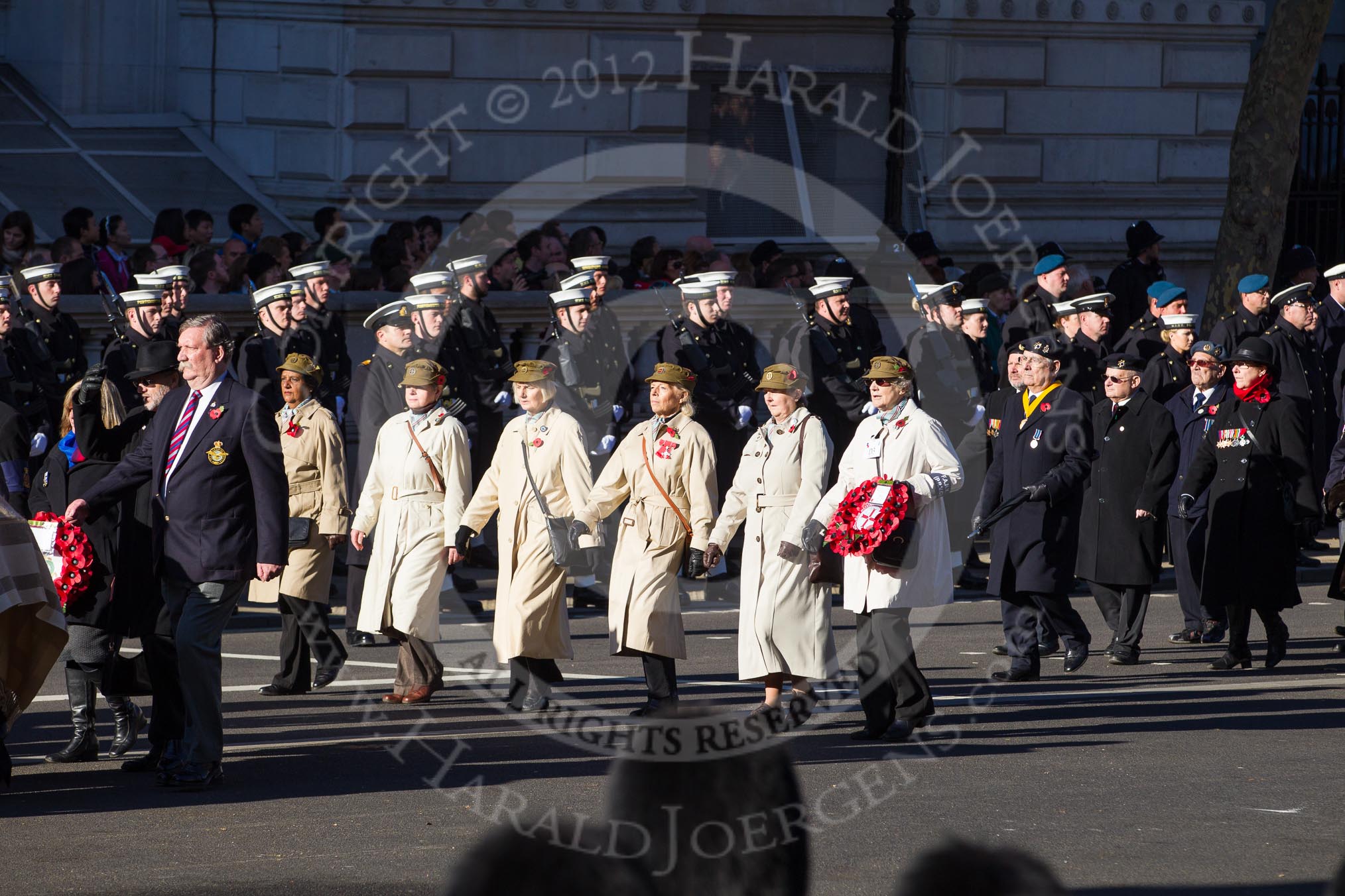 Remembrance Sunday 2012 Cenotaph March Past: Group D2 - SSAFA Forces Help, D3 - First Aid Nursing Yeomanry (Princess Royal's Volunteers Corps), and D4 - Association of Jewish Ex-Servicemen & Women..
Whitehall, Cenotaph,
London SW1,

United Kingdom,
on 11 November 2012 at 12:05, image #1242