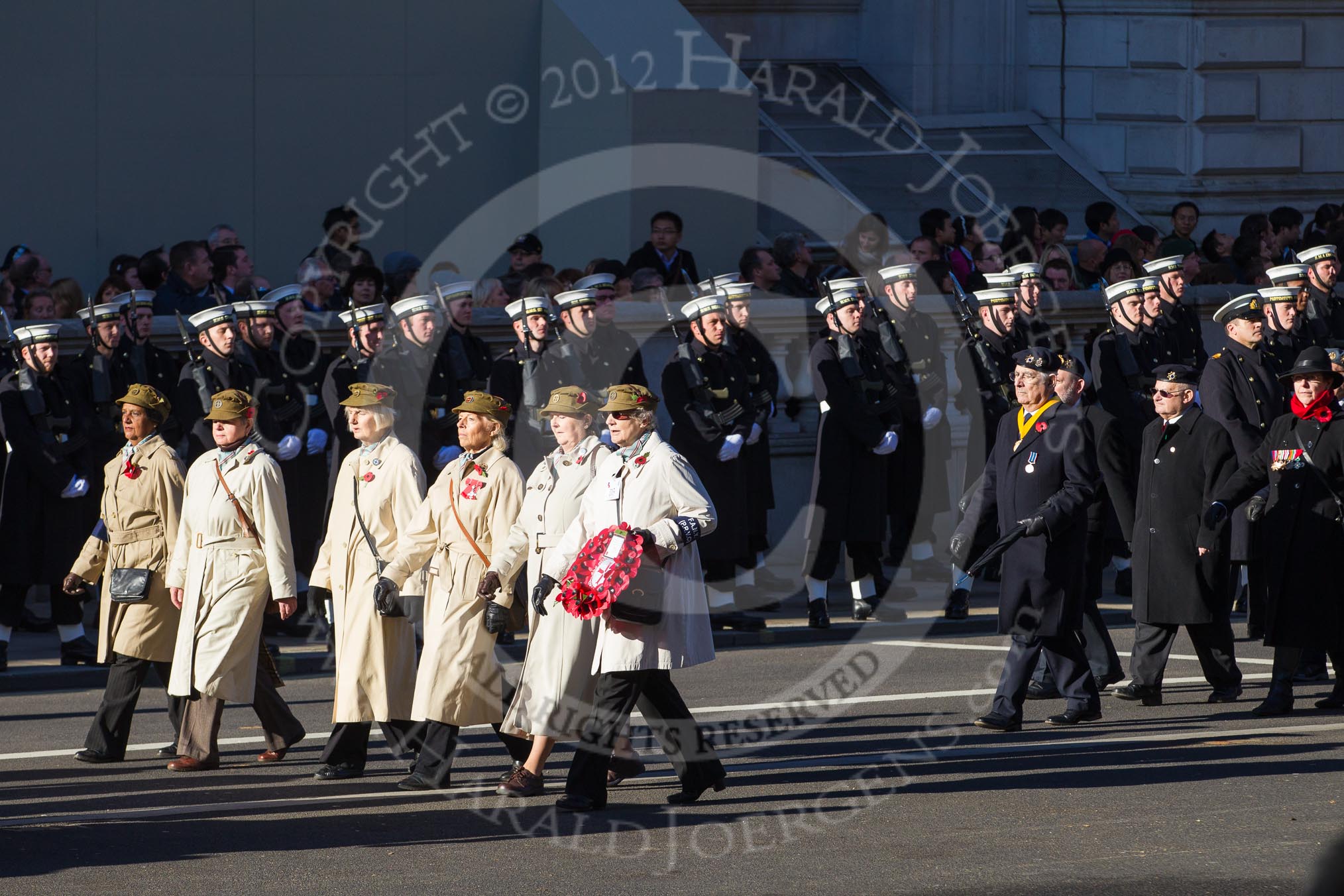 Remembrance Sunday 2012 Cenotaph March Past: Group D3 - First Aid Nursing Yeomanry (Princess Royal's Volunteers Corps), and D4 - Association of Jewish Ex-Servicemen & Women..
Whitehall, Cenotaph,
London SW1,

United Kingdom,
on 11 November 2012 at 12:05, image #1245