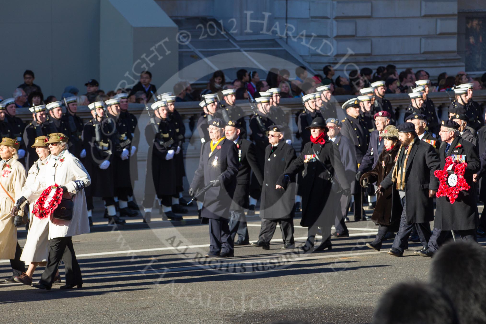 Remembrance Sunday 2012 Cenotaph March Past: Group D3 - First Aid Nursing Yeomanry (Princess Royal's Volunteers Corps), and D4 - Association of Jewish Ex-Servicemen & Women..
Whitehall, Cenotaph,
London SW1,

United Kingdom,
on 11 November 2012 at 12:05, image #1246