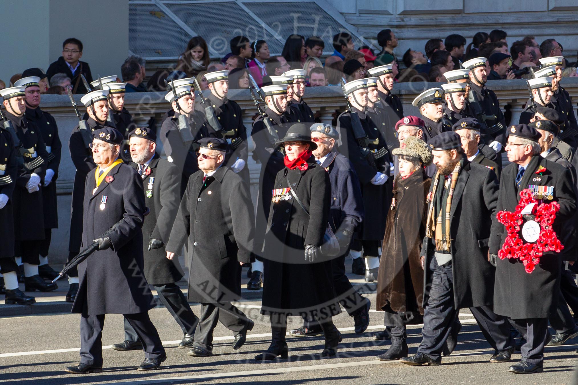 Remembrance Sunday 2012 Cenotaph March Past: Group D4 - Association of Jewish Ex-Servicemen & Women..
Whitehall, Cenotaph,
London SW1,

United Kingdom,
on 11 November 2012 at 12:05, image #1247