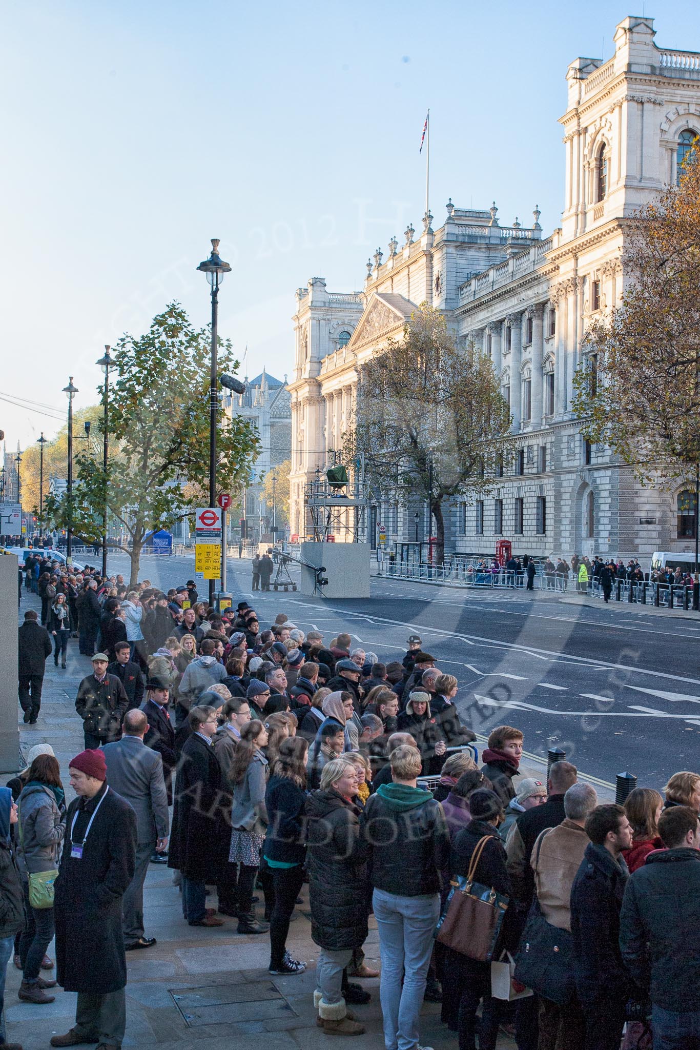 Whitehall at the morning of Remembrance Sunday 2012. On the right the Treasury building, in the centre of Whitehall a stand for BBC Television.