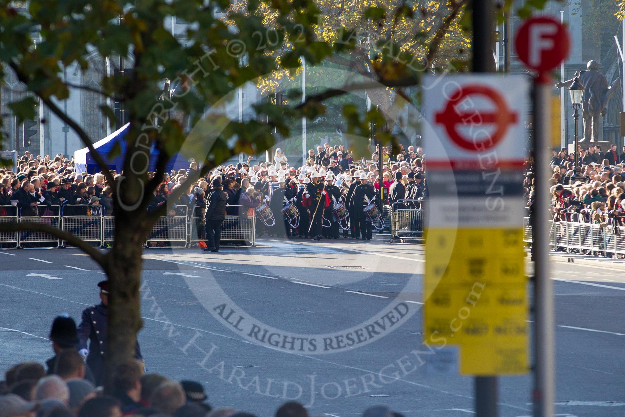 The Band of the Royal Marines arrives from Great George Street, on the western side of Whitehall.