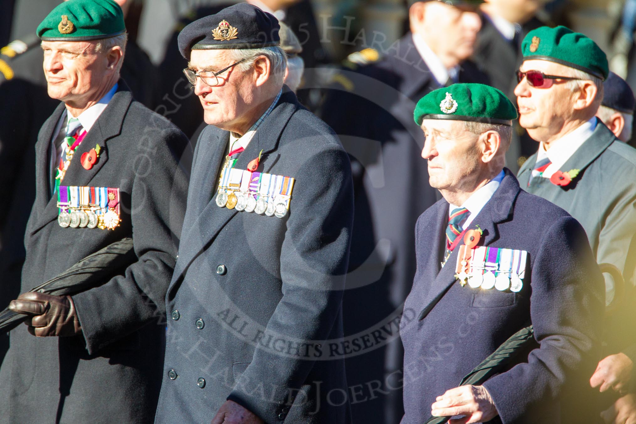 Remembrance Sunday Cenotaph March Past 2013: D23 - South Atlantic Medal Association (SAMA 82): The South Atlantic Medal (1982) is the official name of the medal awarded to almost 30,000 service men and women - and civilians - who took part in the campaign to liberate the Falkland Islands in 1982. The South Atlantic Medal Association is their Association. On the right is the group leader, Major General Julian Thompson CB OBE, Royal Marines..
Press stand opposite the Foreign Office building, Whitehall, London SW1,
London,
Greater London,
United Kingdom,
on 10 November 2013 at 11:41, image #164