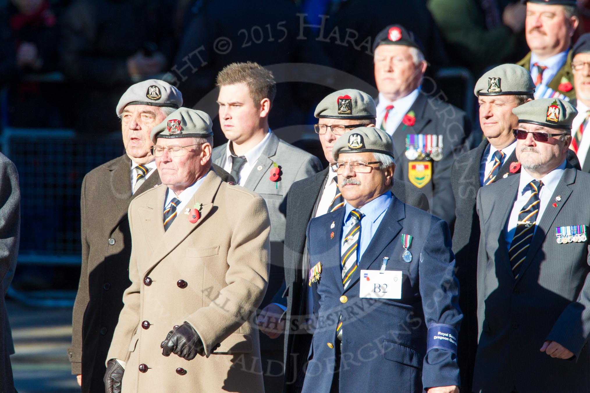 Remembrance Sunday Cenotaph March Past 2013: B2 - Royal Scots Dragoon Guards..
Press stand opposite the Foreign Office building, Whitehall, London SW1,
London,
Greater London,
United Kingdom,
on 10 November 2013 at 11:59, image #1308