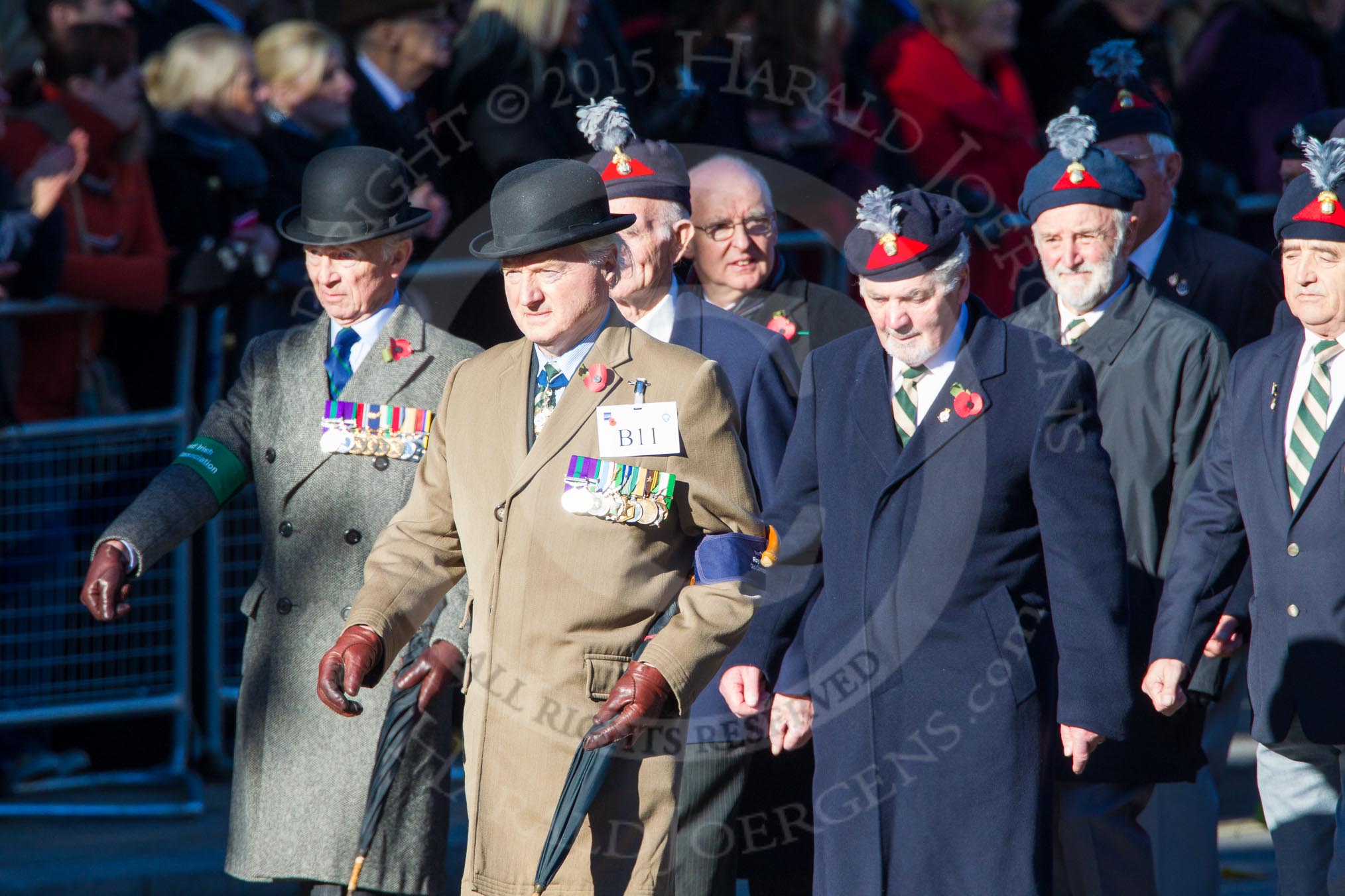 Remembrance Sunday Cenotaph March Past 2013: B11 - North Irish Horse & Irish Regiments Old Comrades Association..
Press stand opposite the Foreign Office building, Whitehall, London SW1,
London,
Greater London,
United Kingdom,
on 10 November 2013 at 12:00, image #1367