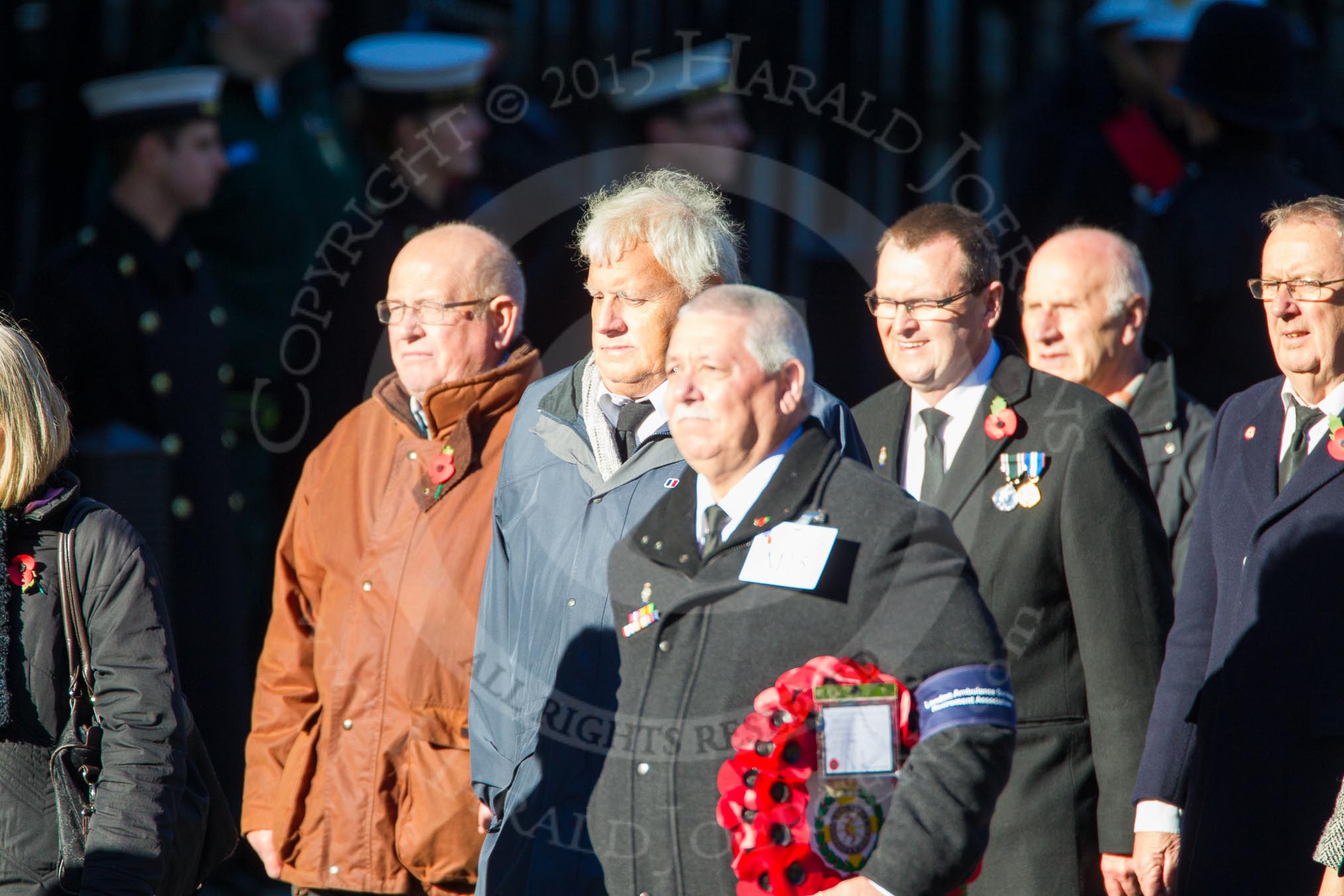 Remembrance Sunday Cenotaph March Past 2013: M15 - London Ambulance Service Retirement Association..
Press stand opposite the Foreign Office building, Whitehall, London SW1,
London,
Greater London,
United Kingdom,
on 10 November 2013 at 12:11, image #1991