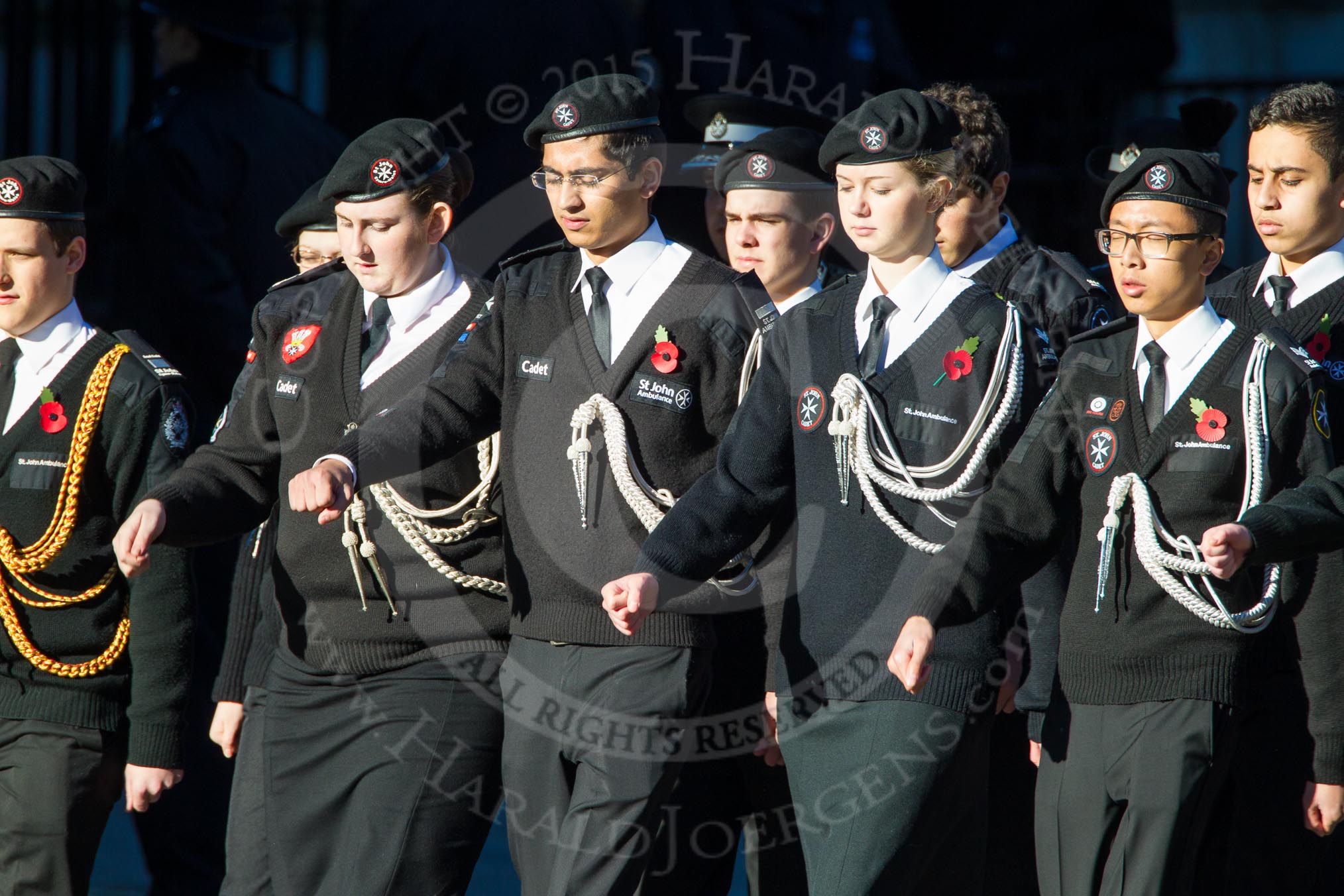 Remembrance Sunday Cenotaph March Past 2013: M55 - St John Ambulance Cadets..
Press stand opposite the Foreign Office building, Whitehall, London SW1,
London,
Greater London,
United Kingdom,
on 10 November 2013 at 12:16, image #2315