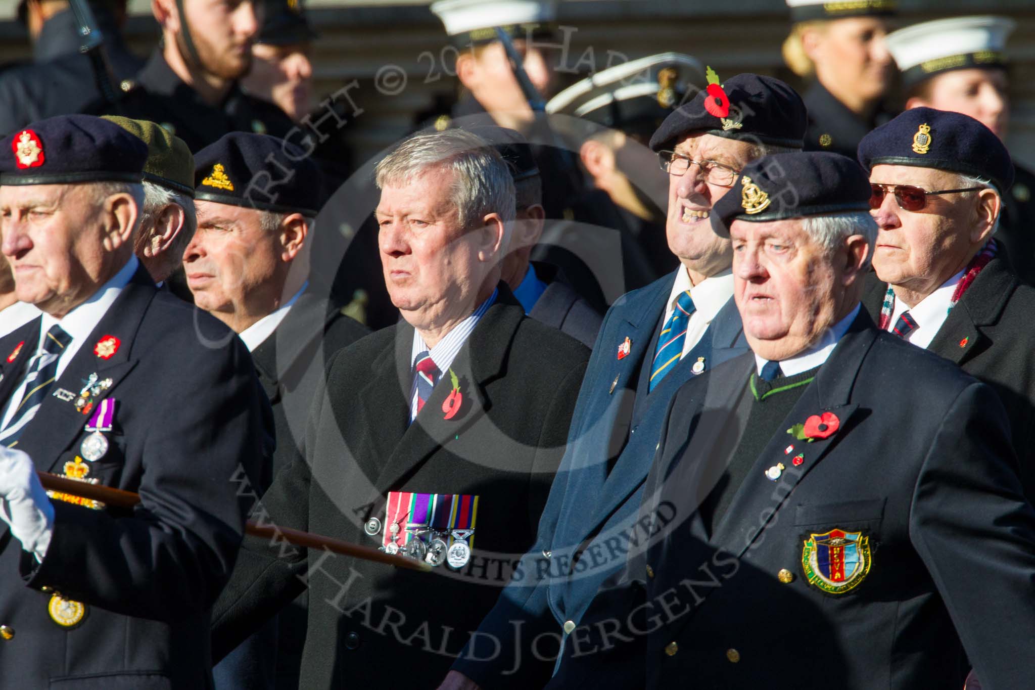 Remembrance Sunday at the Cenotaph in London 2014: Group F12- National Service Veterans Alliance.
Press stand opposite the Foreign Office building, Whitehall, London SW1,
London,
Greater London,
United Kingdom,
on 09 November 2014 at 11:57, image #997