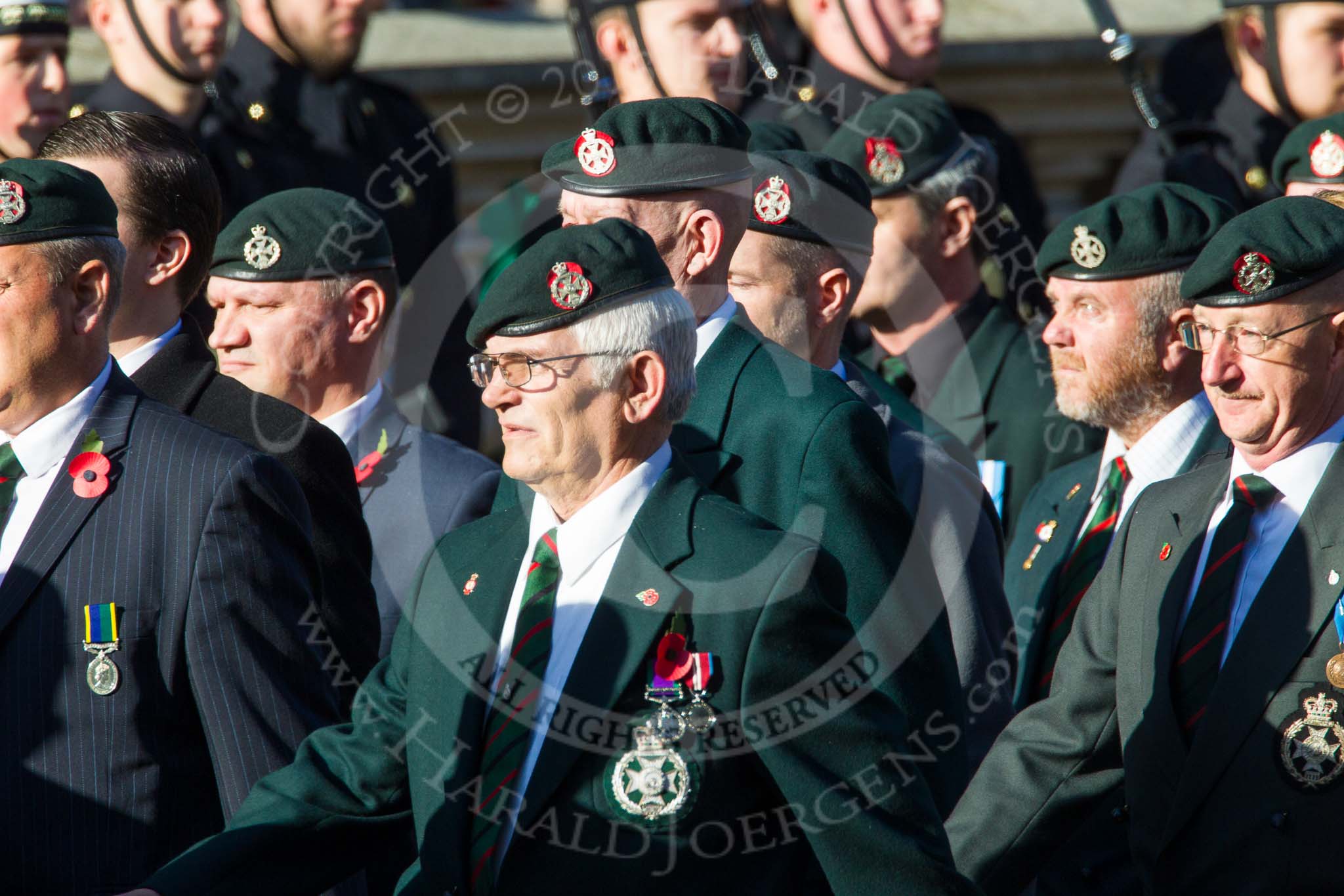 Remembrance Sunday at the Cenotaph in London 2014: Group A9 - Royal Green Jackets Association.
Press stand opposite the Foreign Office building, Whitehall, London SW1,
London,
Greater London,
United Kingdom,
on 09 November 2014 at 12:01, image #1182