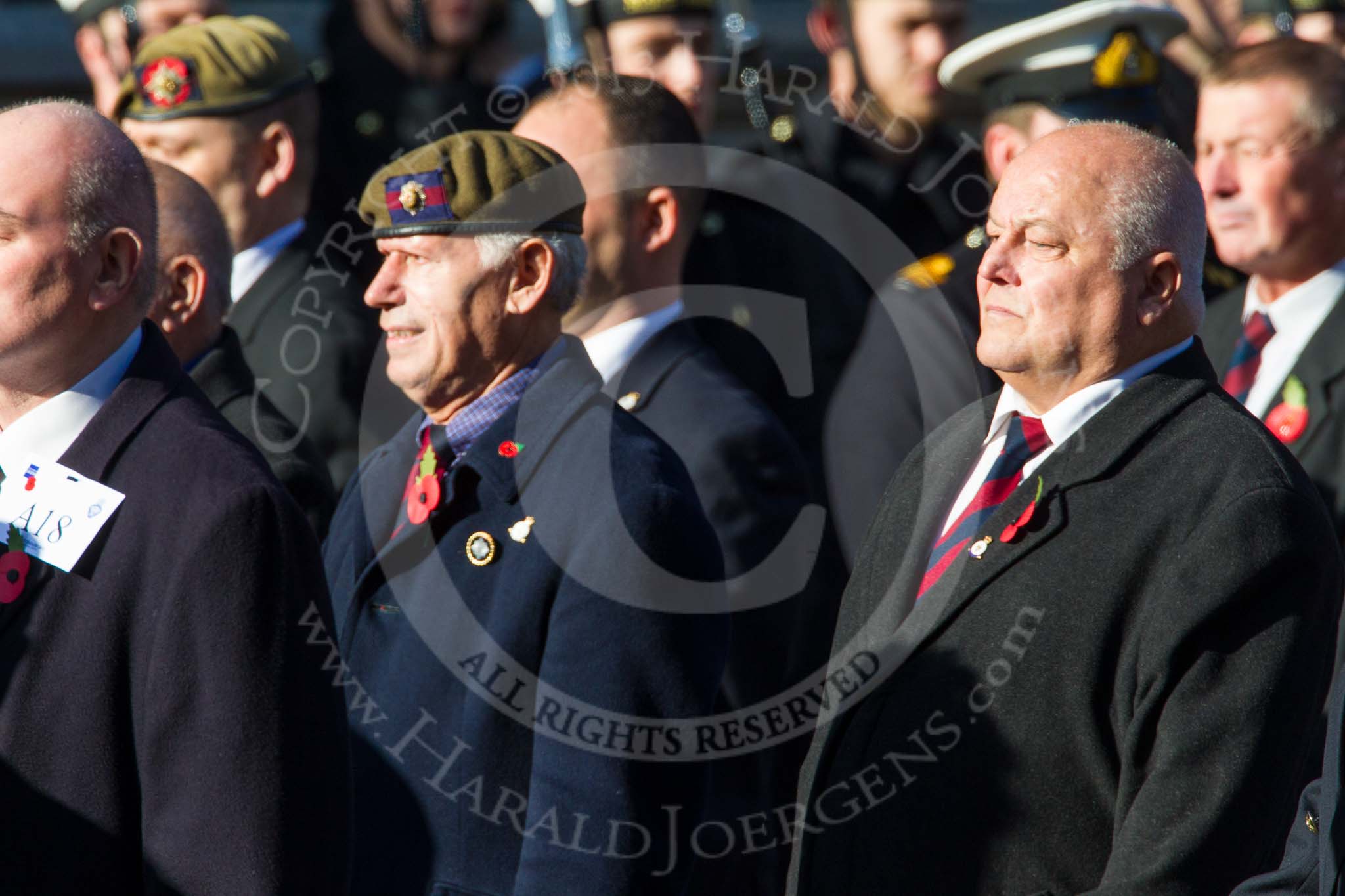 Remembrance Sunday at the Cenotaph in London 2014: Group A18 - Coldstream Guards Association.
Press stand opposite the Foreign Office building, Whitehall, London SW1,
London,
Greater London,
United Kingdom,
on 09 November 2014 at 12:03, image #1317