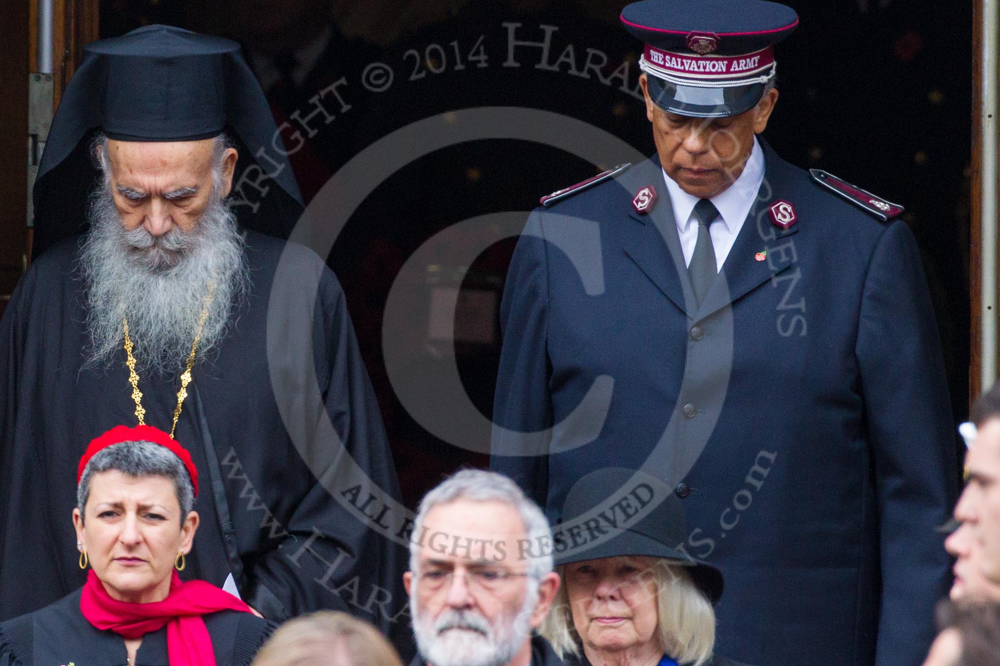 Remembrance Sunday at the Cenotaph in London 2014: The leaders of the faith communities emerging from the door of the Foreign- and Commonwealth Office.
Press stand opposite the Foreign Office building, Whitehall, London SW1,
London,
Greater London,
United Kingdom,
on 09 November 2014 at 10:57, image #140